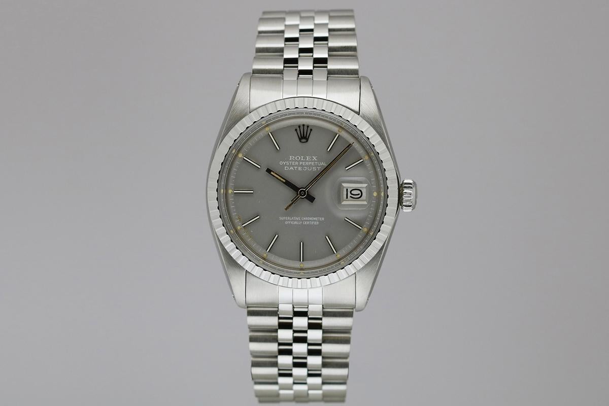 Men's Rolex Datejust Ref 1603 Stainless Steel Slate Dial White Writing, circa 1977