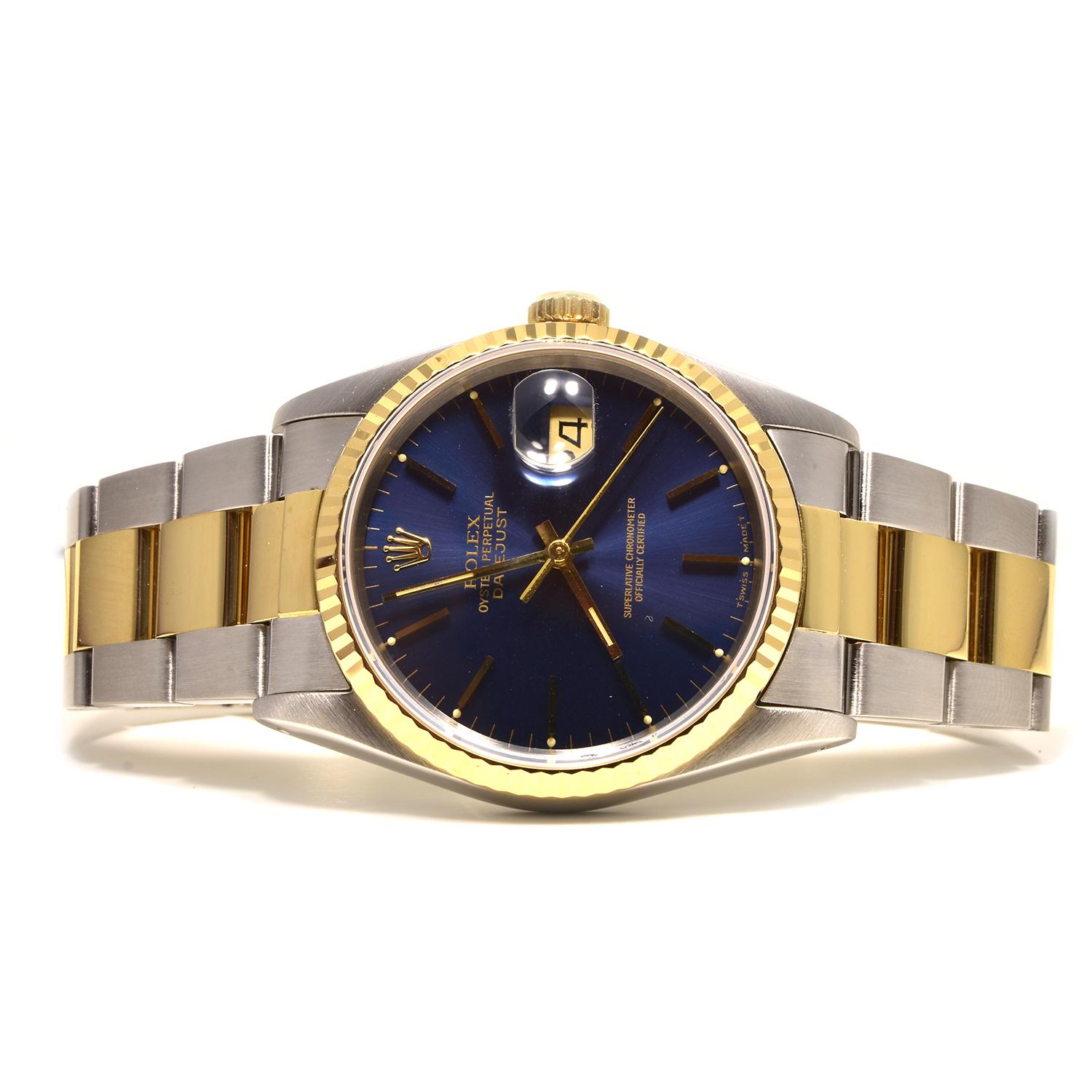 Brand: Rolex

Collection: Datejust

Reference Number: 16233

Material: Yellow Gold and Stainless Steel

Dial: Blue Dial with Gold Index Markers

Bracelet: Oyster

Movement: Automatic

Accessories:

Brilliance Jewels 24 Month Warranty

Rolex