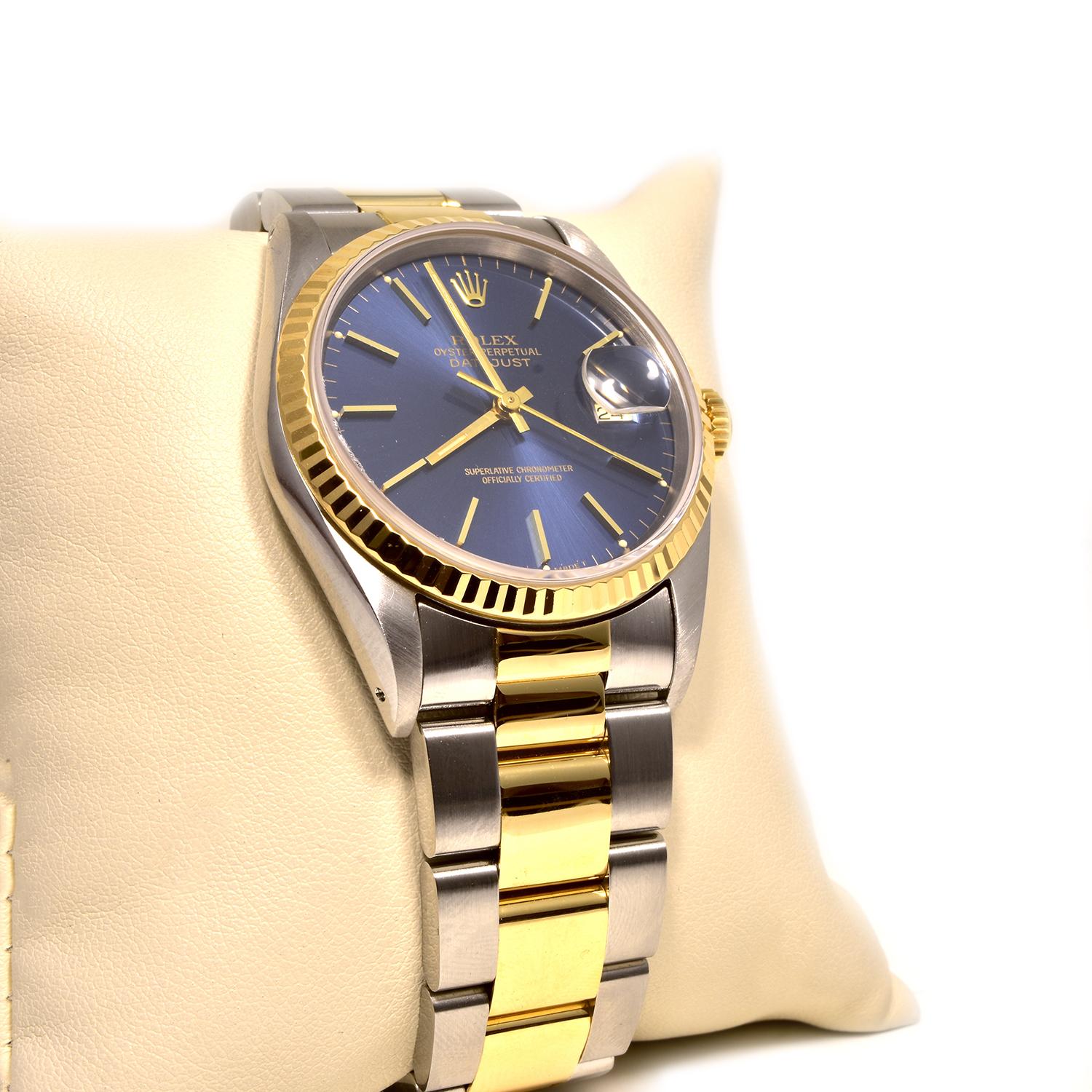 Rolex Datejust Ref. 16233 in 18 Karat Yellow Gold and Steel Blue Dial Watch In Excellent Condition In Miami, FL