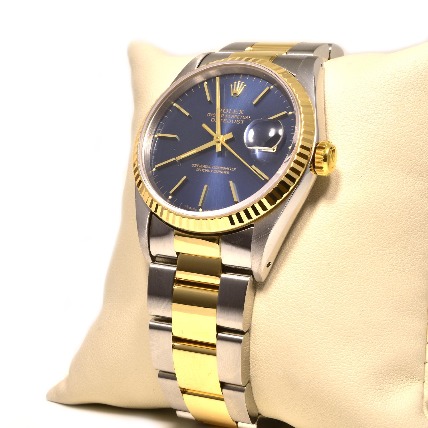 Women's or Men's Rolex Datejust Ref. 16233 in 18 Karat Yellow Gold and Steel Blue Dial Watch