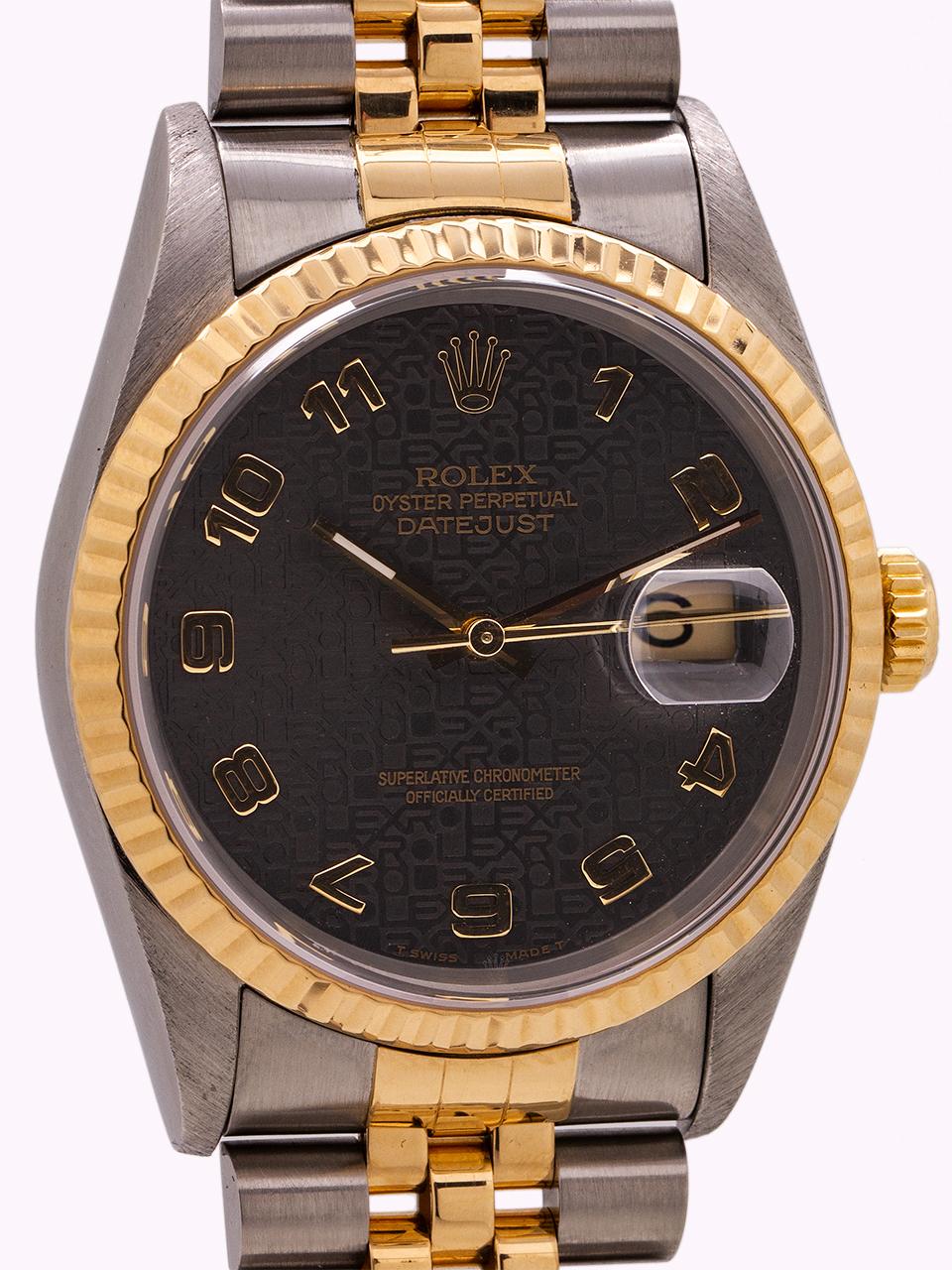 
Man’s Rolex Datejust ref 16233 stainless steel and 18K gold. S serial# circa 1993. Featuring 36mm diameter case with 18K YG fluted bezel, sapphire crystal, and very scarce original Jubilee dial with gray metallic background and bold gold Arabic