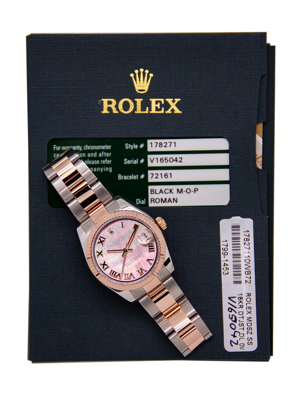 Women's Rolex Datejust Ref 178271 SS/18K RG Midsize Mother of Pearl B & P, circa 2008 For Sale