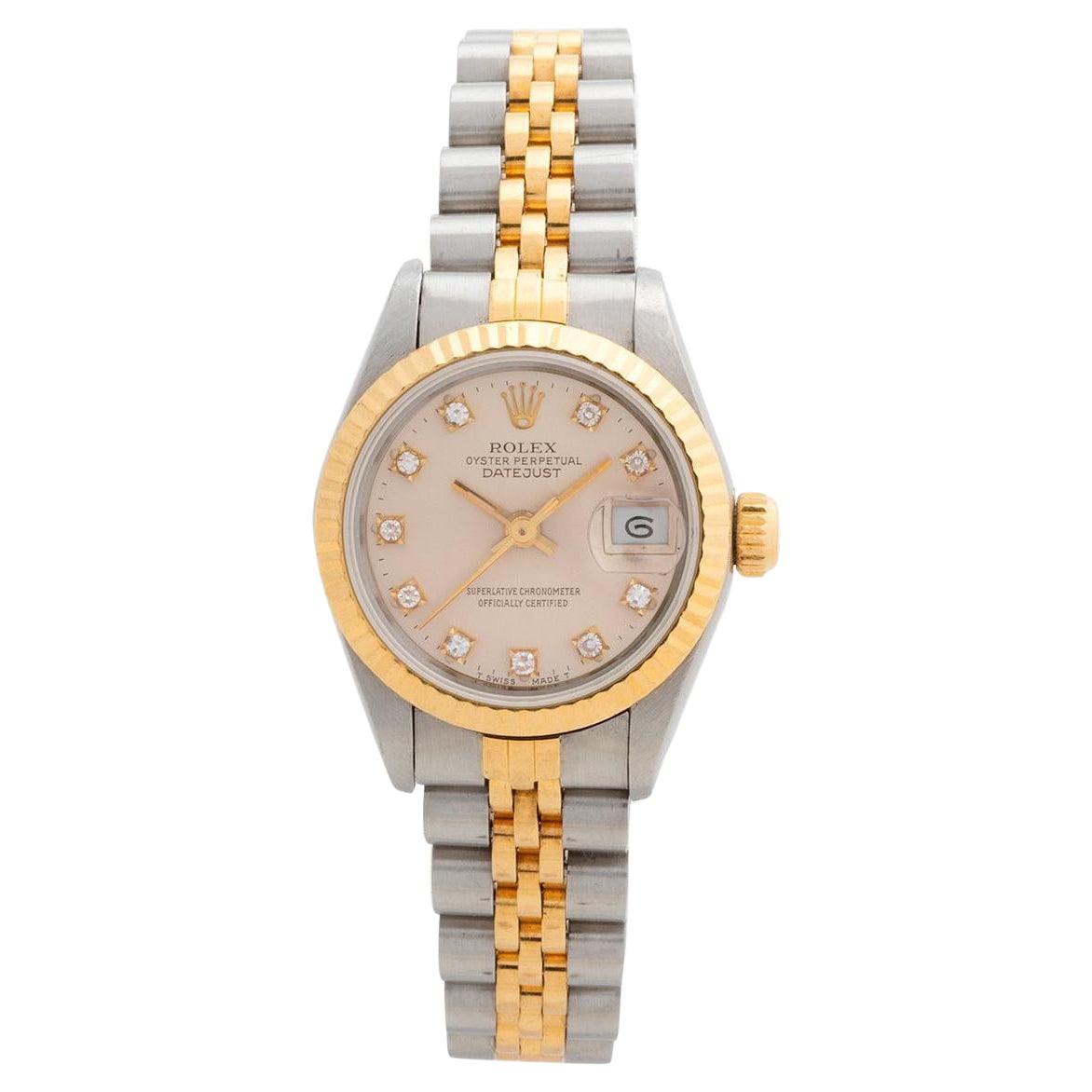 Our ladies Rolex Datejust reference 69173 features the classical combination of 18k yellow gold and stainless steel 26mm case with 18k yellow gold and stainless steel jubilee bracelet and also features a high quality aftermarket (custom) diamond dot