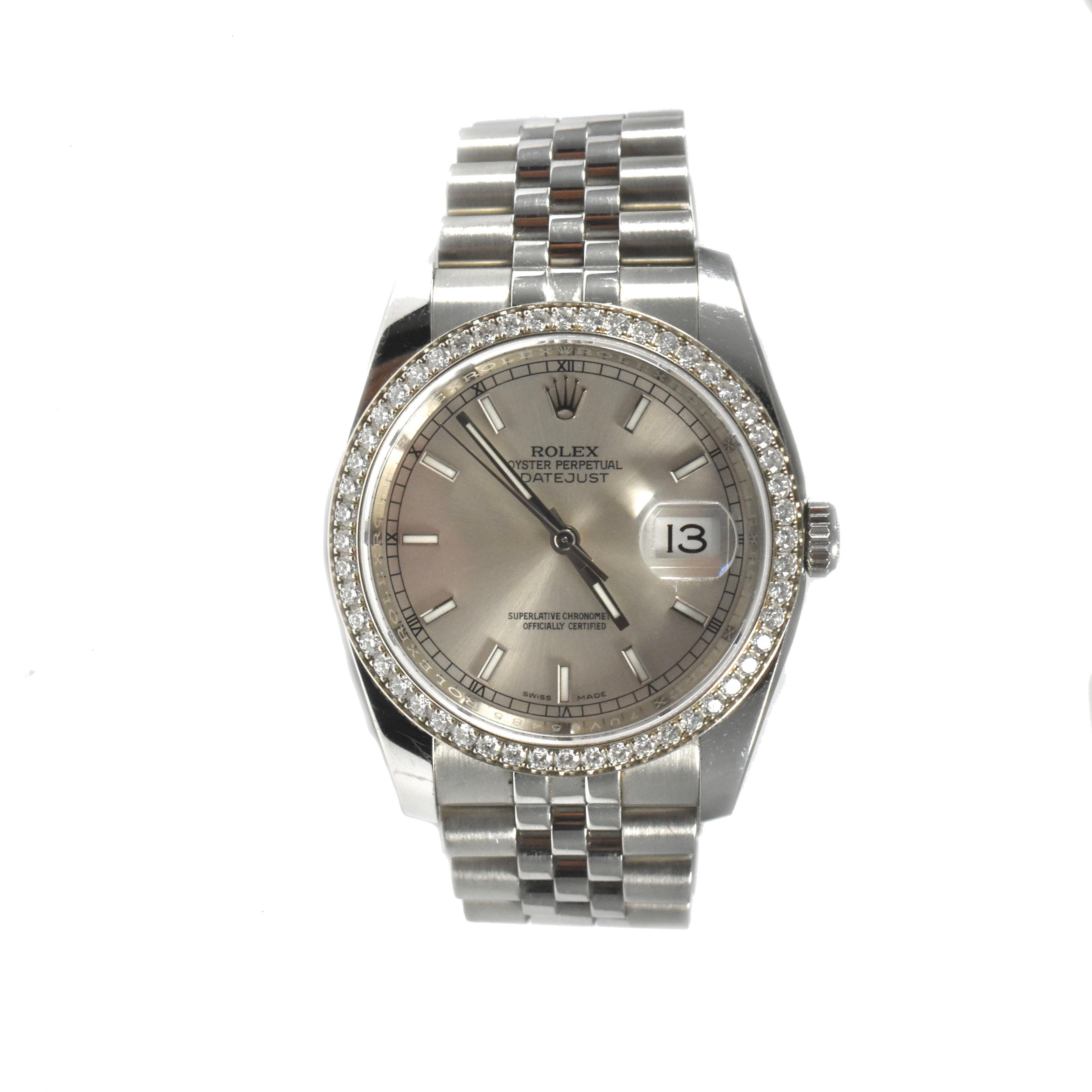 Rough Cut Rolex Datejust Ref 116244 Diamond Bezel Stainless Steel Watch