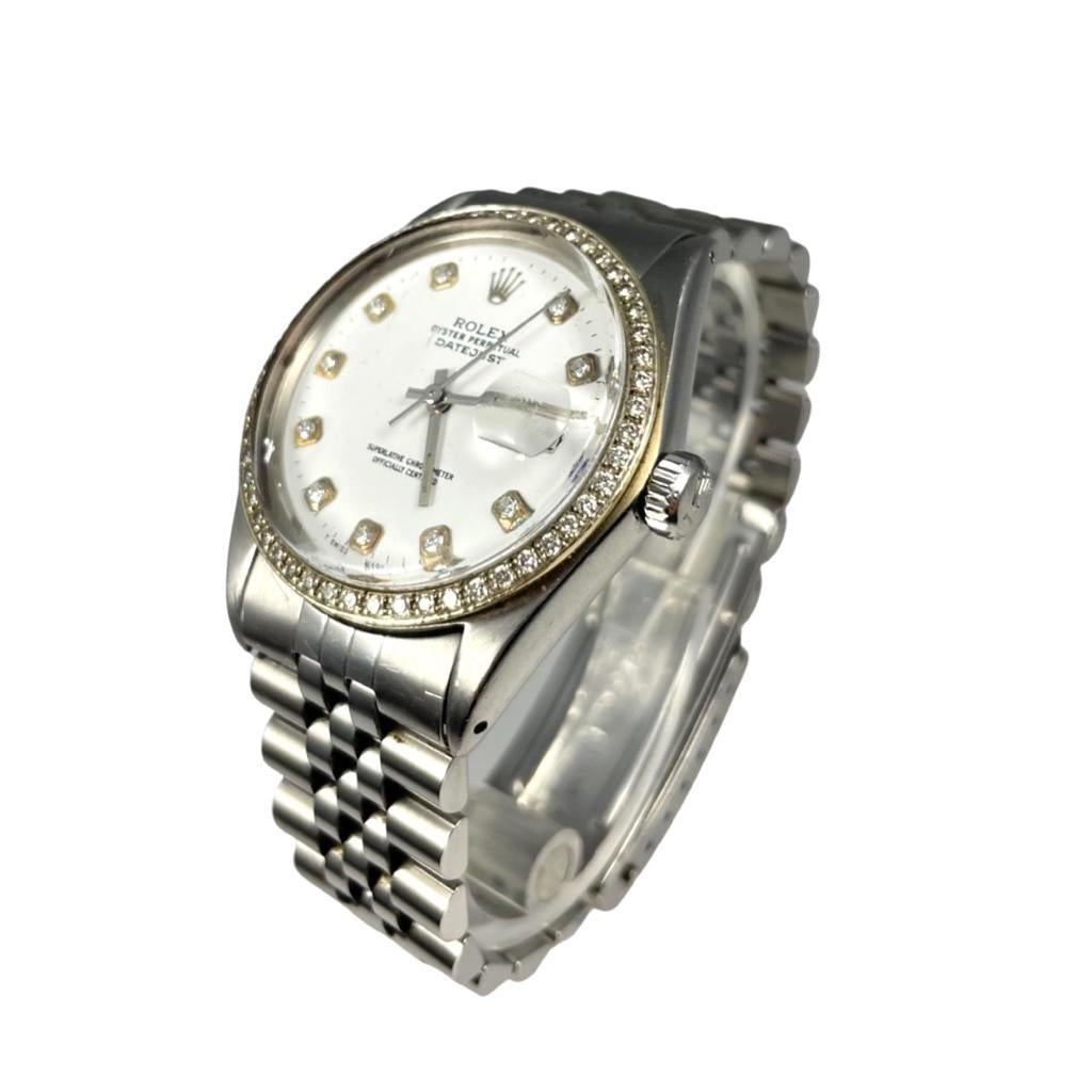 Brand: Rolex

Model Name: Datejust

Model Number: 16030

Movement: Automatic

Case Size: 36 mm

Case Back: Closed

Case Material: Stainless Steel

Bezel: Diamond

Dial: White

Bracelet: Stainless Steel

Hour Markers: Diamonds

Features: Hours,