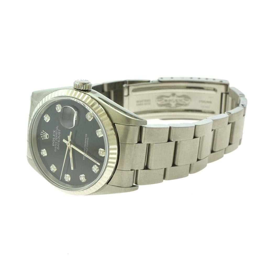 Round Cut Rolex Datejust Ref.16200 Stainless Steel Black Diamond Dial Wristwatch