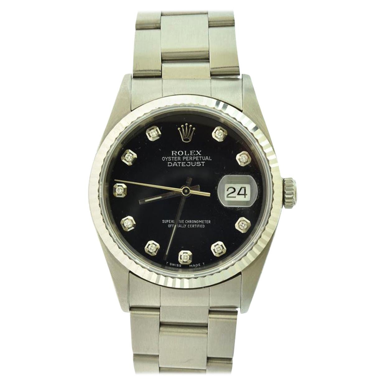 Rolex Datejust Ref.16200 Stainless Steel Black Diamond Dial Wristwatch