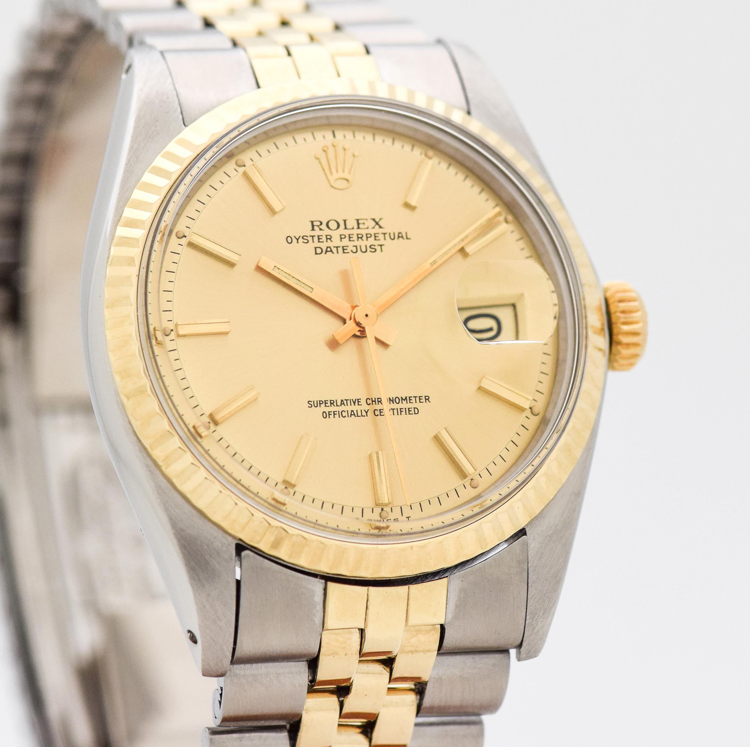 1973 Vintage Rolex Datejust Ref. 1601 Two Tone 14k Yellow Gold Fluted Bezel and Stainless Steel watch with Original Rolex Two Tone 14k Yellow Gold and Stainless Steel Jubilee Bracelet. 36mm x 43mm lug to lug (1.42 in. x 1.69 in.) 26 jewel, automatic