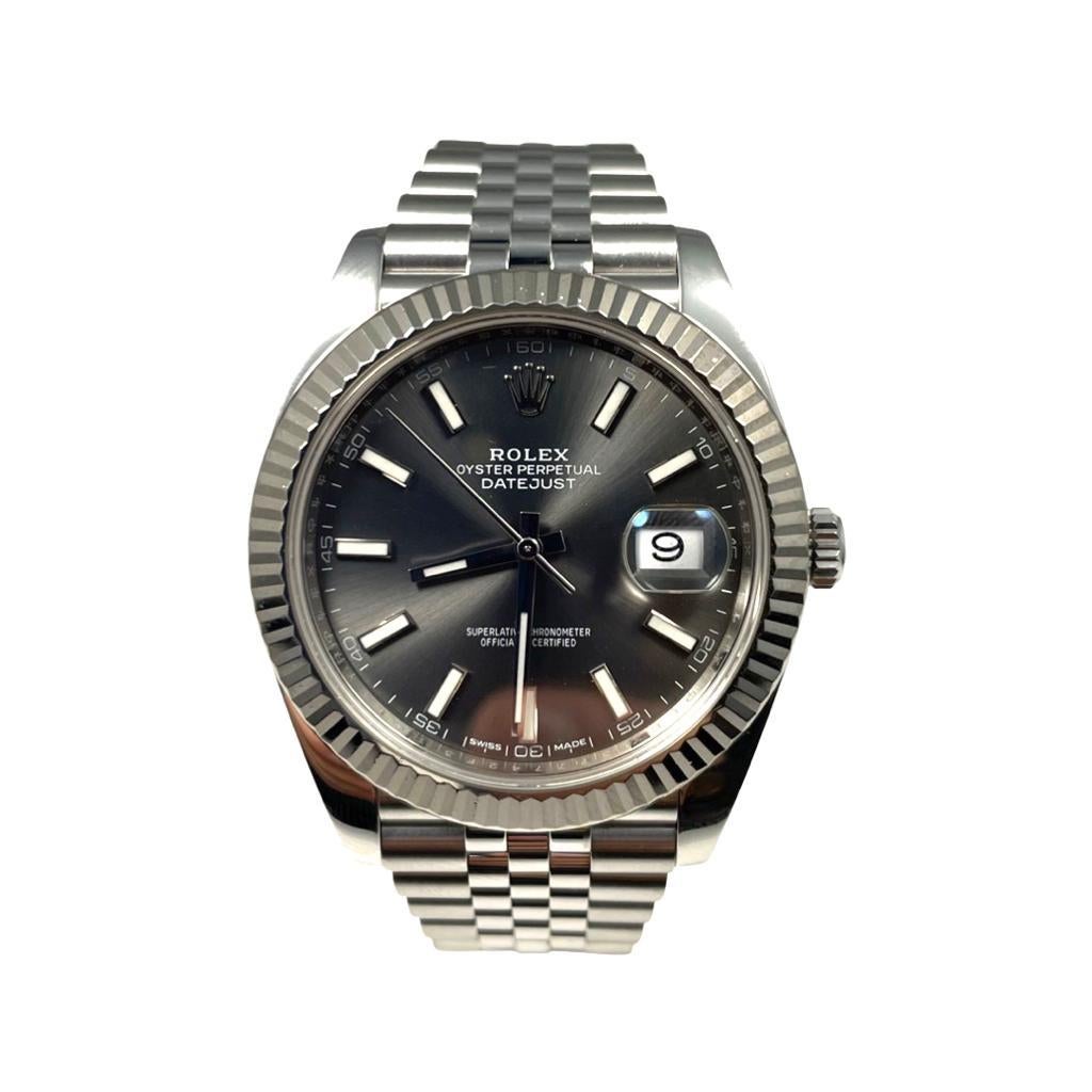 Brand: Rolex

Model Name: Datejust

Model Number:  126334

Movement: Automatic

Case Size: 41 mm

Case Back: Closed

Case Material: Stainless Steel

Bezel: Fluted

Total Carat Weight: 120g

Dial: Rhodium

Bracelet:  Stainless Steel

Hour Markers: