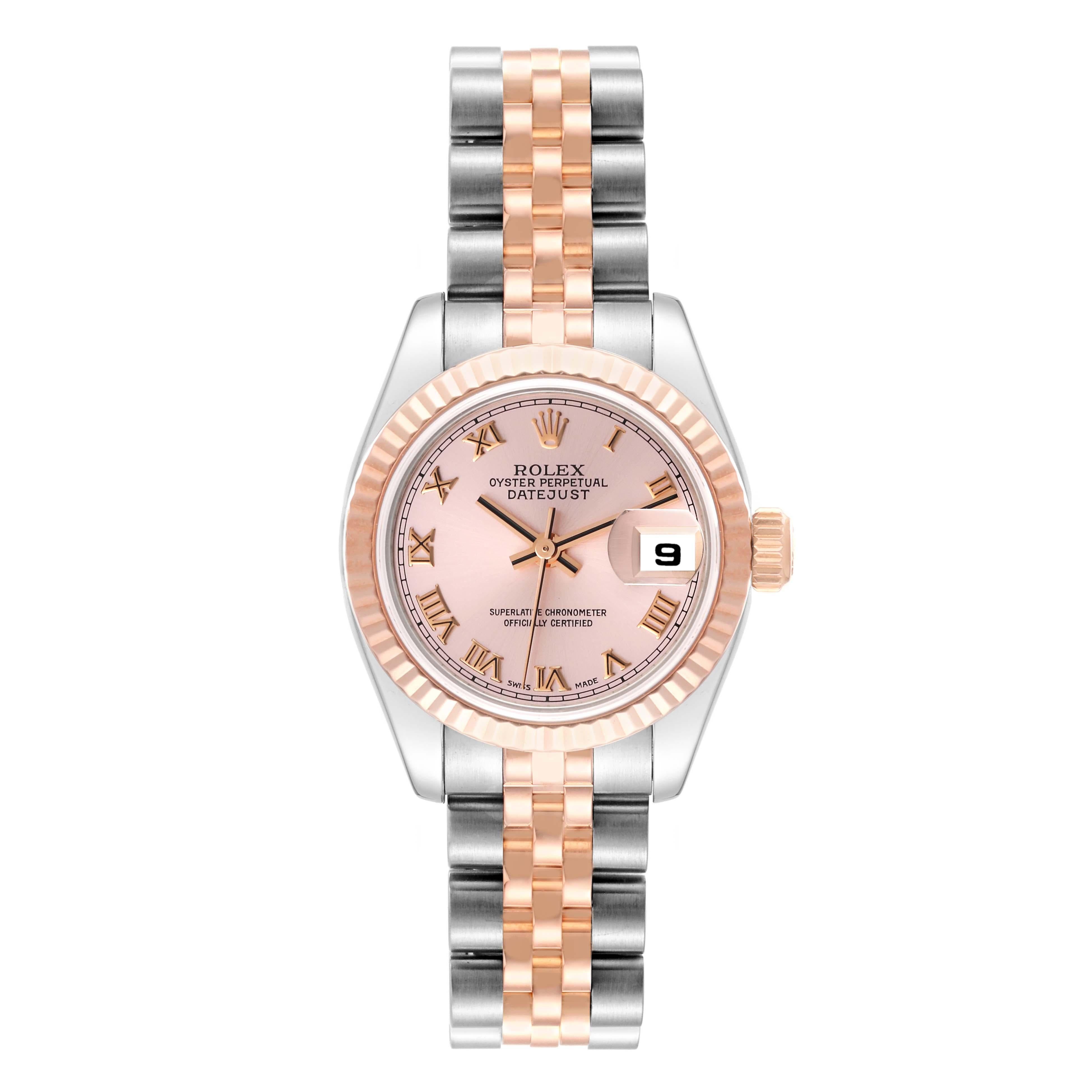 Rolex Datejust Roman Dial Steel Rose Gold Ladies Watch 179171. Officially certified chronometer automatic self-winding movement. Stainless steel oyster case 26.0 mm in diameter. Rolex logo on an 18K Everose rose gold crown. 18k Everose rose gold