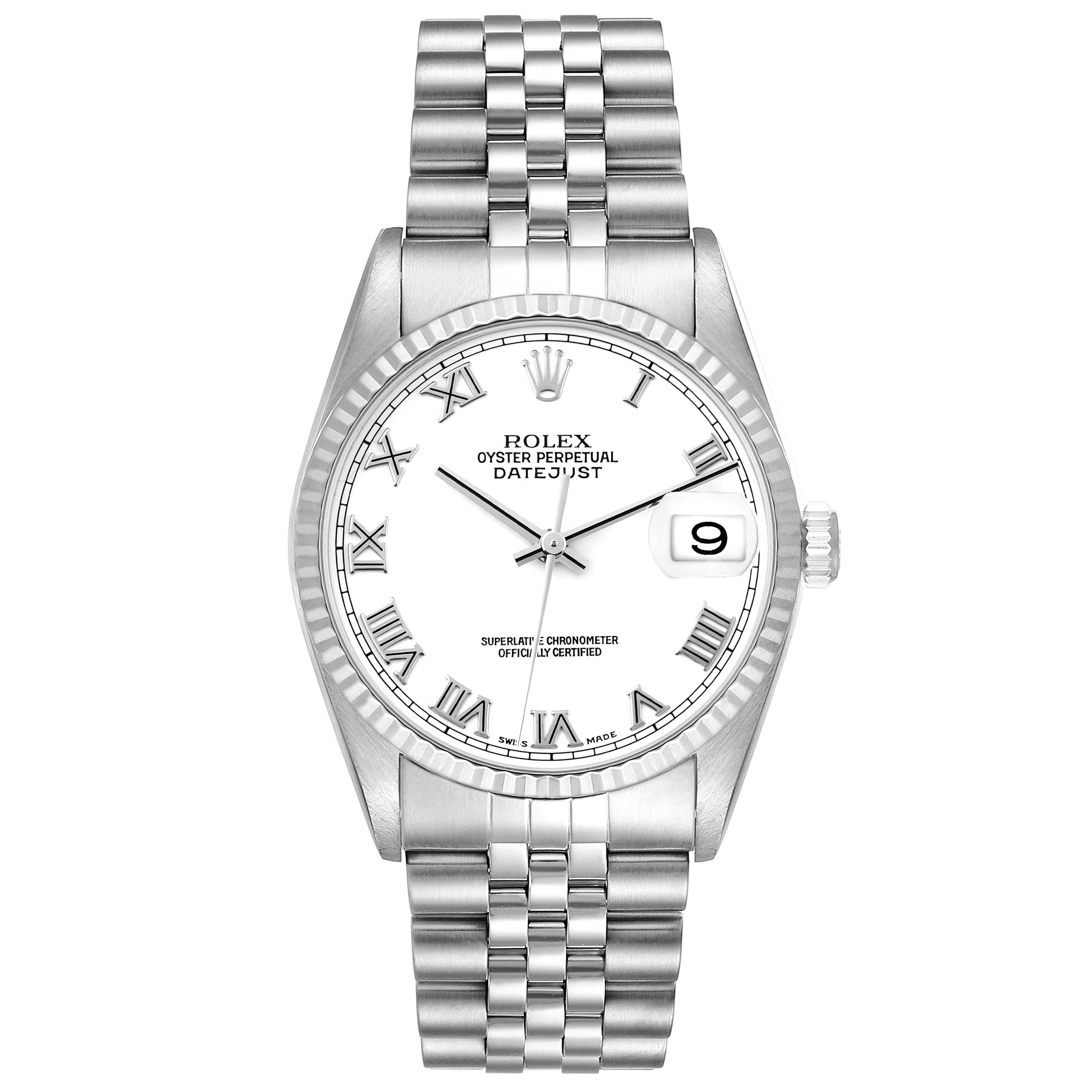 Rolex Datejust Roman Dial Steel White Gold Mens Watch 16234 Box Papers. Officially certified chronometer automatic self-winding movement. Stainless steel oyster case 36 mm in diameter. Rolex logo on the crown. 18k white gold fluted bezel. Scratch
