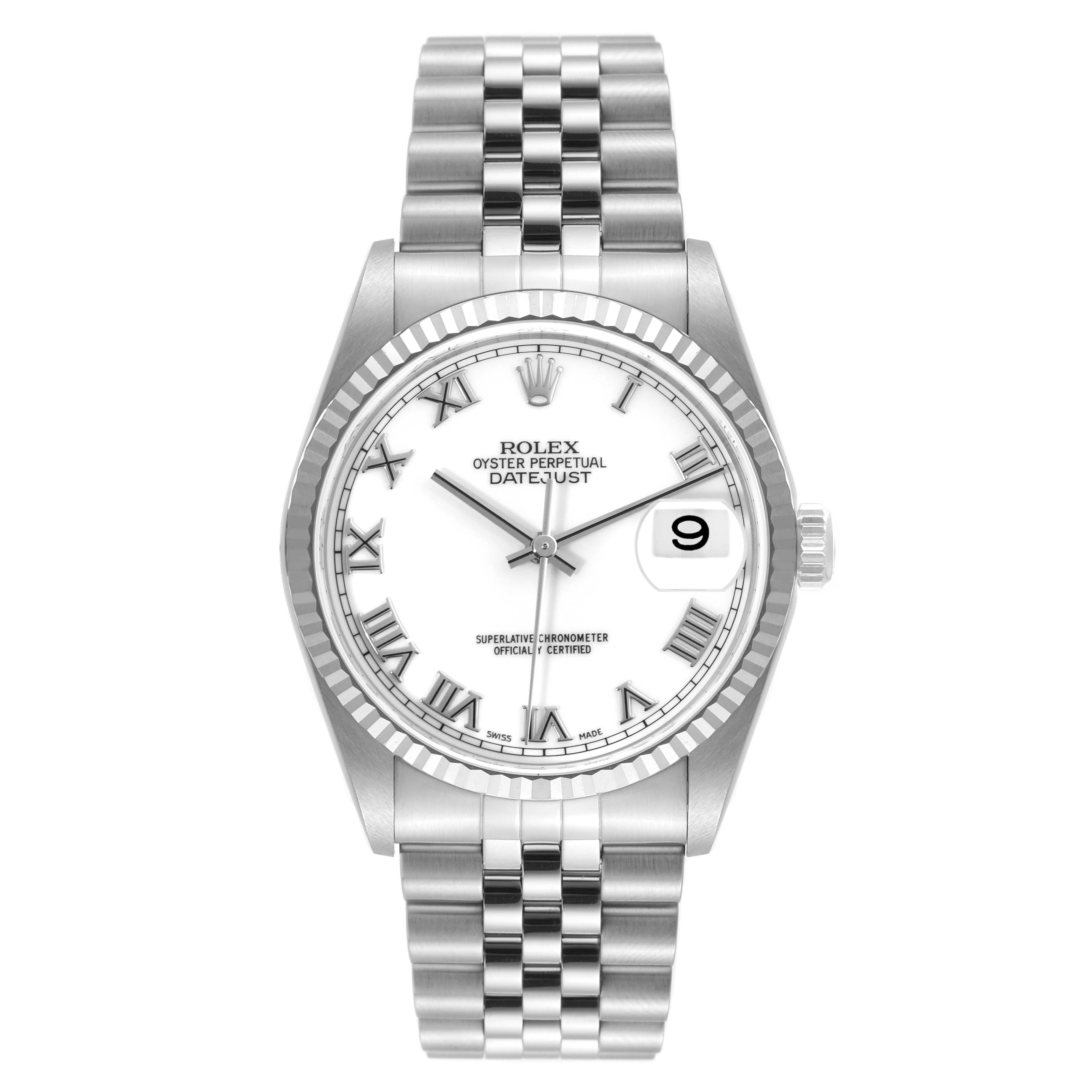 Rolex Datejust Roman Dial Steel White Gold Mens Watch 16234. Officially certified chronometer automatic self-winding movement. Stainless steel oyster case 36 mm in diameter. Rolex logo on the crown. 18k white gold fluted bezel. Scratch resistant