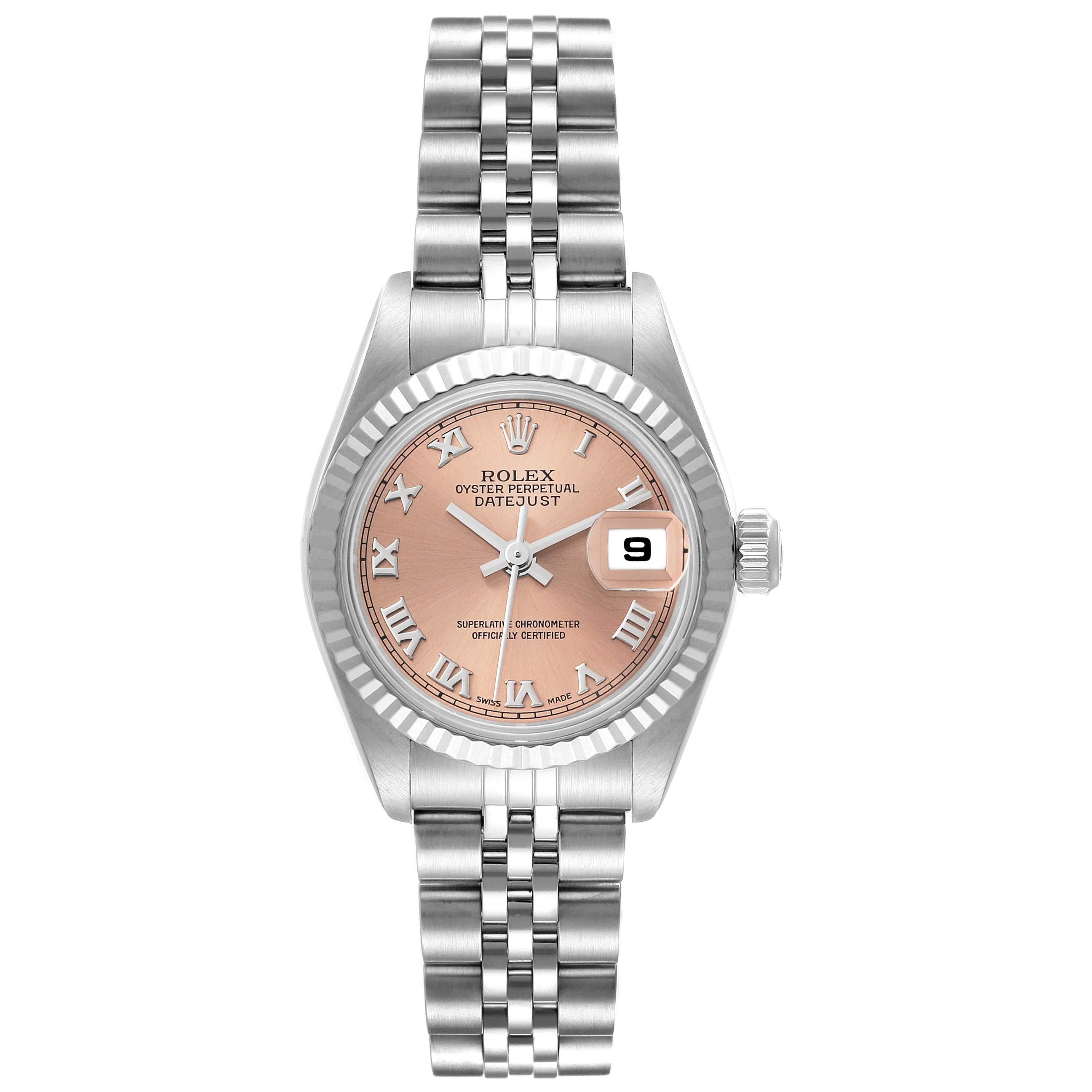 Rolex Datejust Salmon Dial White Gold Steel Ladies Watch 79174 Box Papers. Officially certified chronometer automatic self-winding movement. Stainless steel oyster case 26.0 mm in diameter. Rolex logo on the crown. 18K white gold fluted bezel.