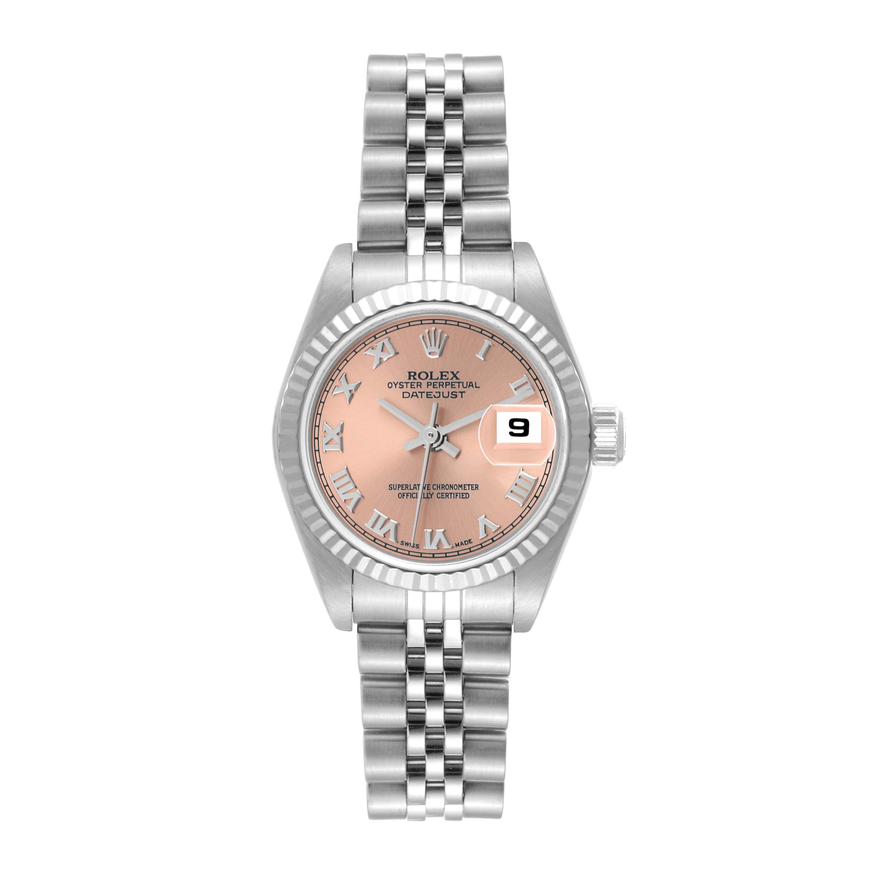 Rolex Datejust Salmon Dial White Gold Steel Ladies Watch 79174. Officially certified chronometer automatic self-winding movement. Stainless steel oyster case 26.0 mm in diameter. Rolex logo on the crown. 18K white gold fluted bezel. Scratch