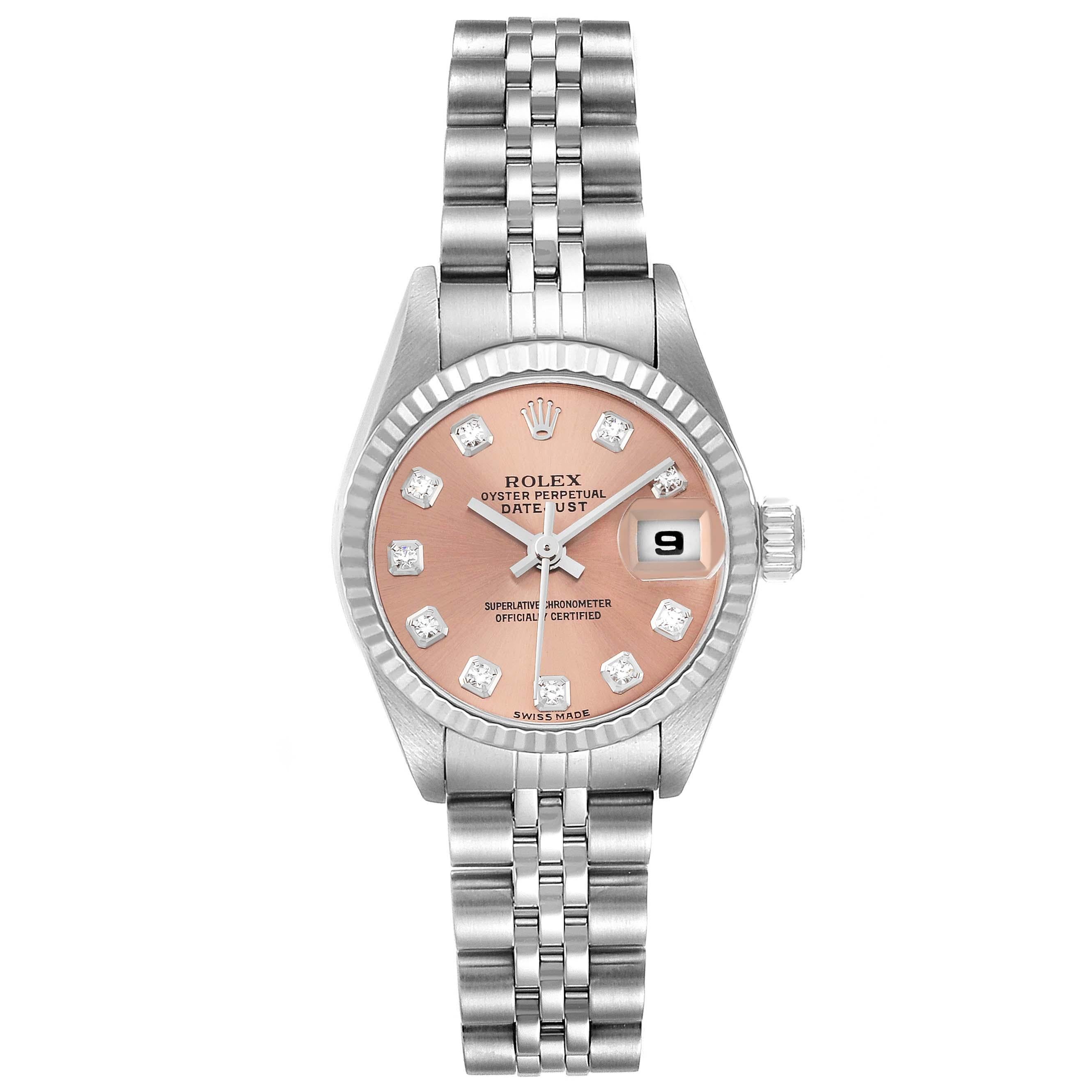 Rolex Datejust Salmon Diamond Dial White Gold Steel Ladies Watch 69174 In Excellent Condition For Sale In Atlanta, GA