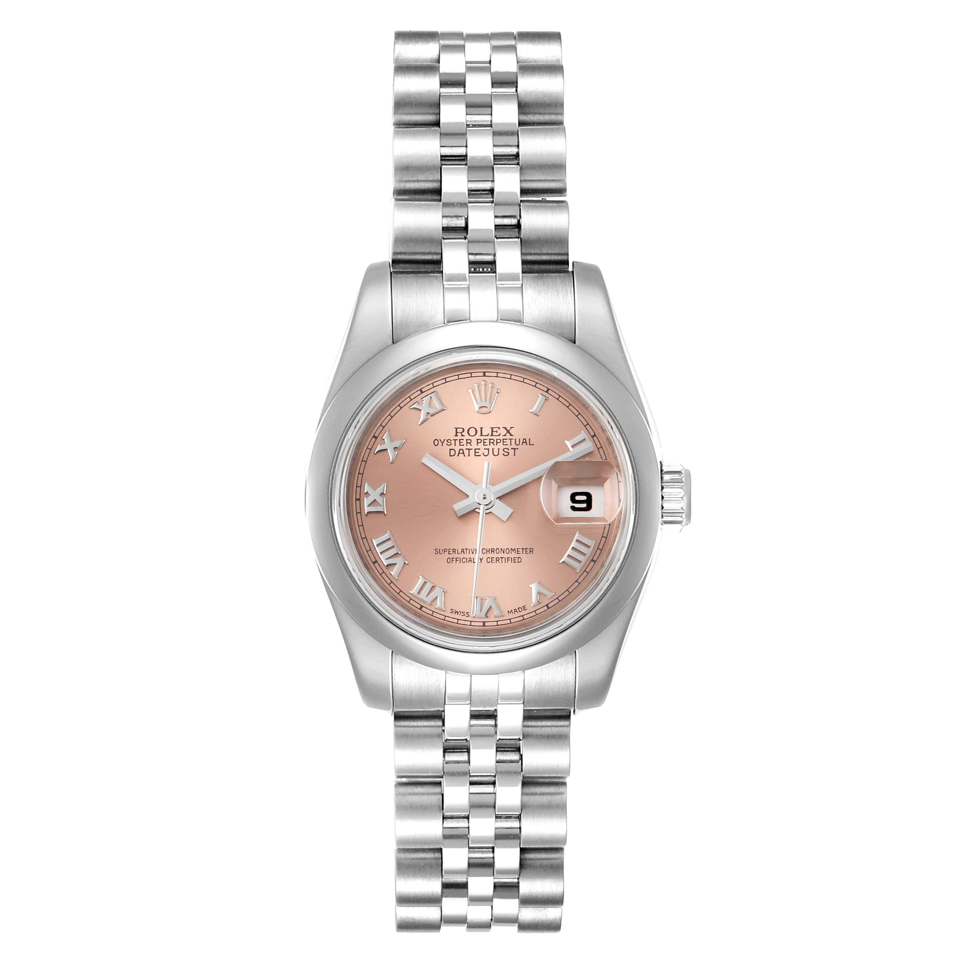 Rolex Datejust Salmon Roman Dial Steel Ladies Watch 179160. Officially certified chronometer self-winding movement with quickset date function. Stainless steel oyster case 26.0 mm in diameter. Rolex logo on a crown. Stainless steel smooth bezel.