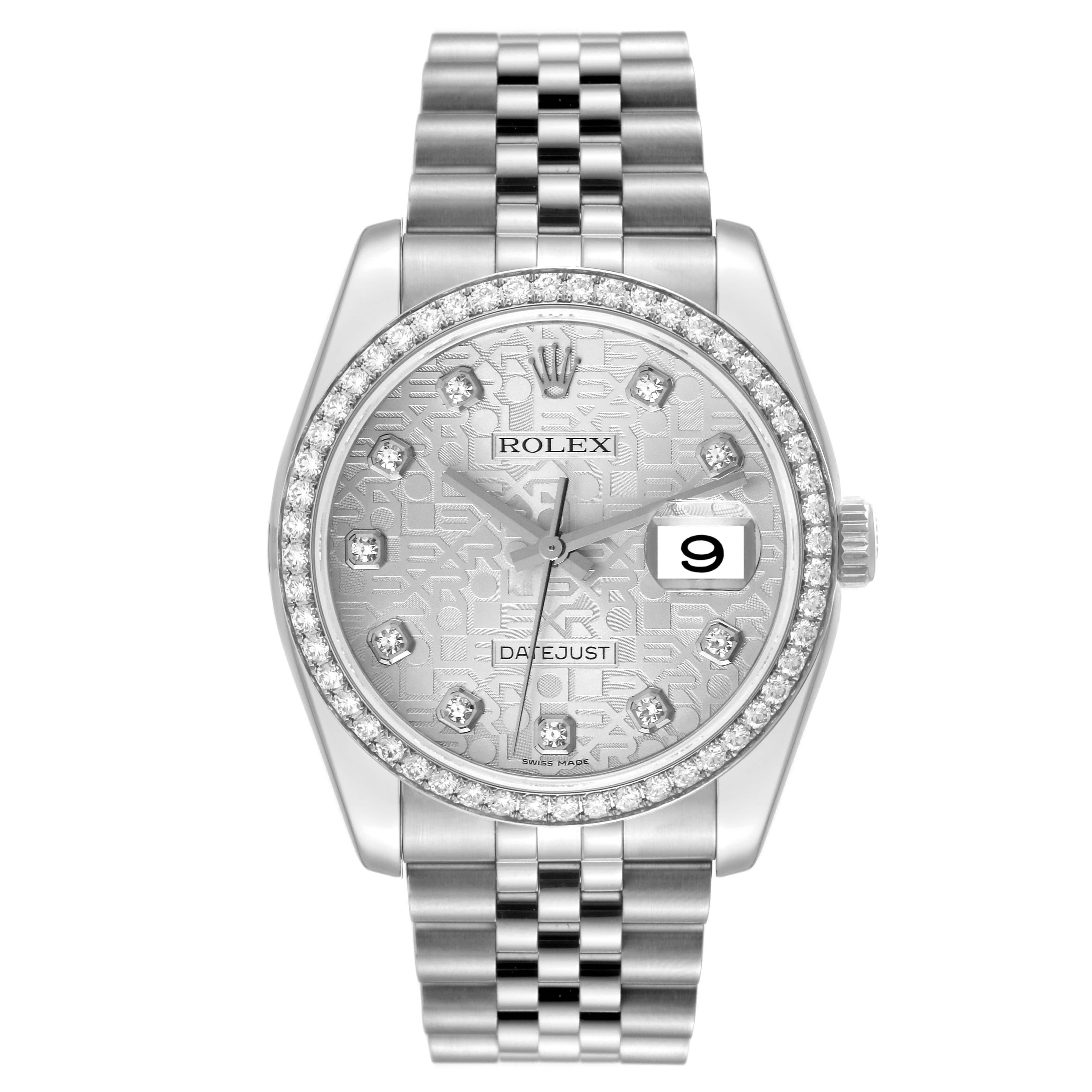 Rolex Datejust Silver Anniversary Dial Steel Diamond Mens Watch 116244. Officially certified chronometer self-winding movement with quickset date. Stainless steel case 36 mm in diameter.  Rolex logo on a crown. Original Rolex factory diamond bezel.