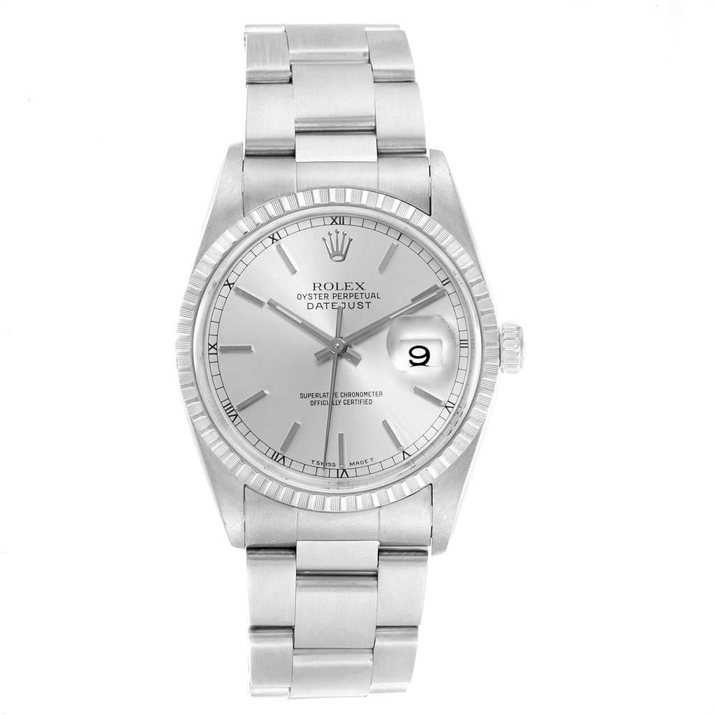 Rolex Datejust Silver Baton Dial Steel Mens Watch 16220 Box Papers. Officially certified chronometer self-winding movement. Stainless steel oyster case 36.0 mm in diameter. Rolex logo on a crown. Stainless steel engine turned bezel. Scratch
