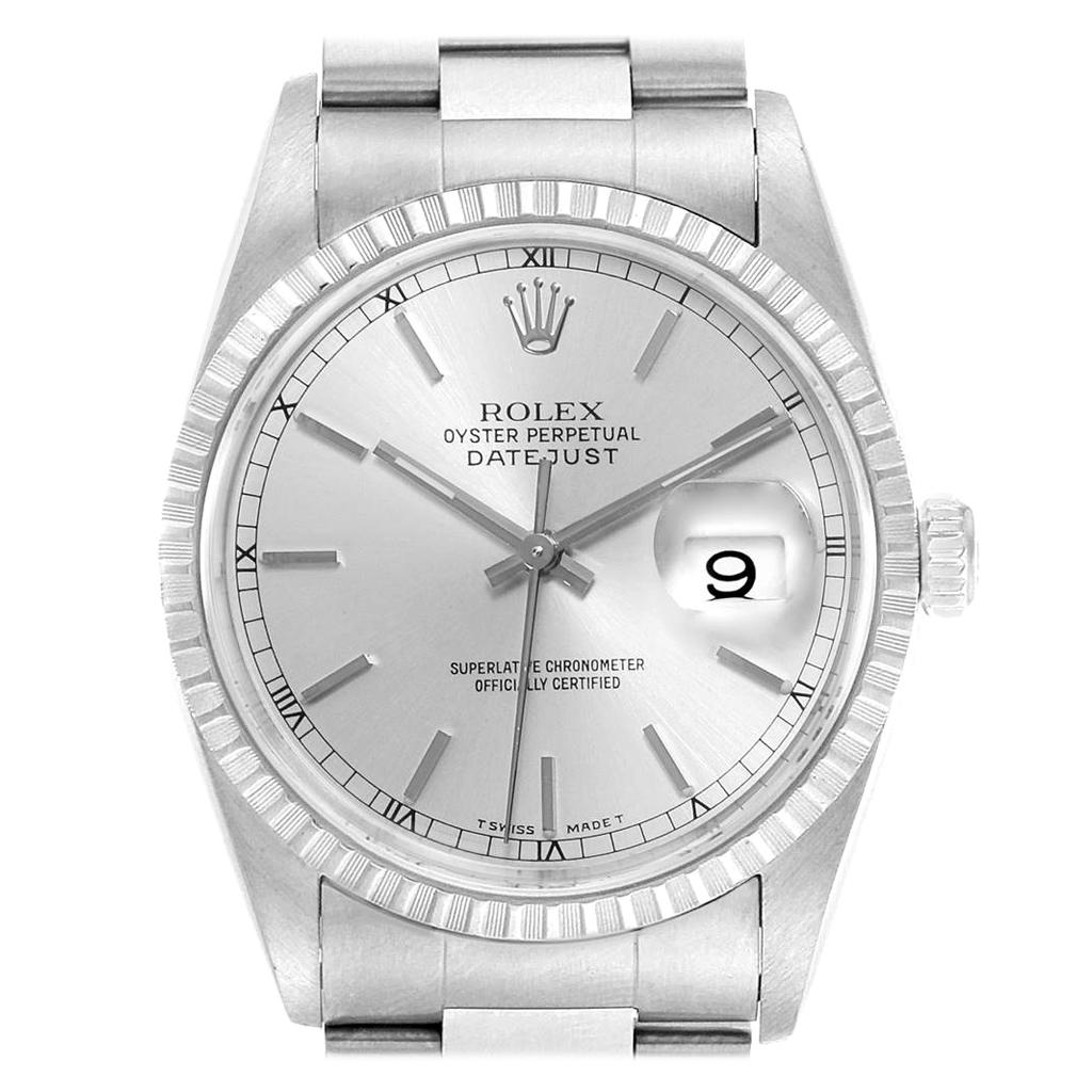 Rolex Datejust Silver Baton Dial Steel Men's Watch 16220 Box Papers