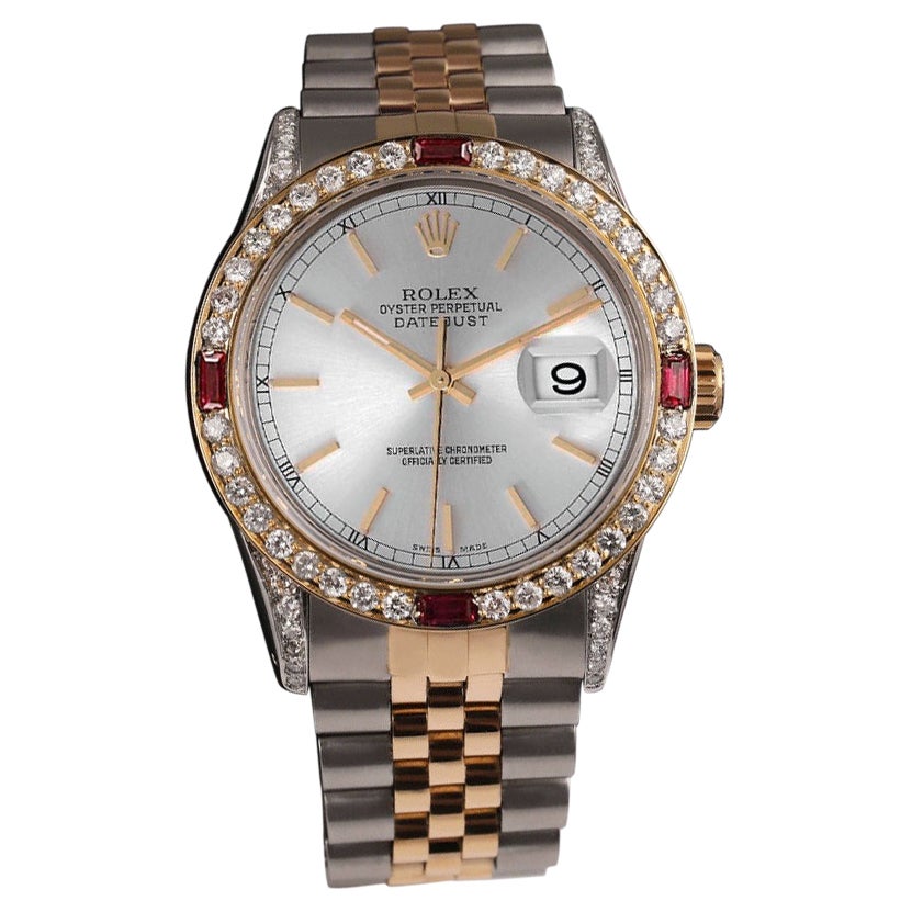 Rolex Datejust Quadrante argento Lunetta di diamanti / Anse Orologio bicolore in rubino