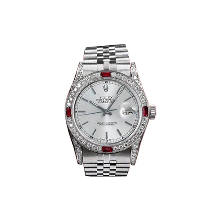Rolex Datejust Reloj de acero con bisel de diamantes y rubíes y esfera plateada