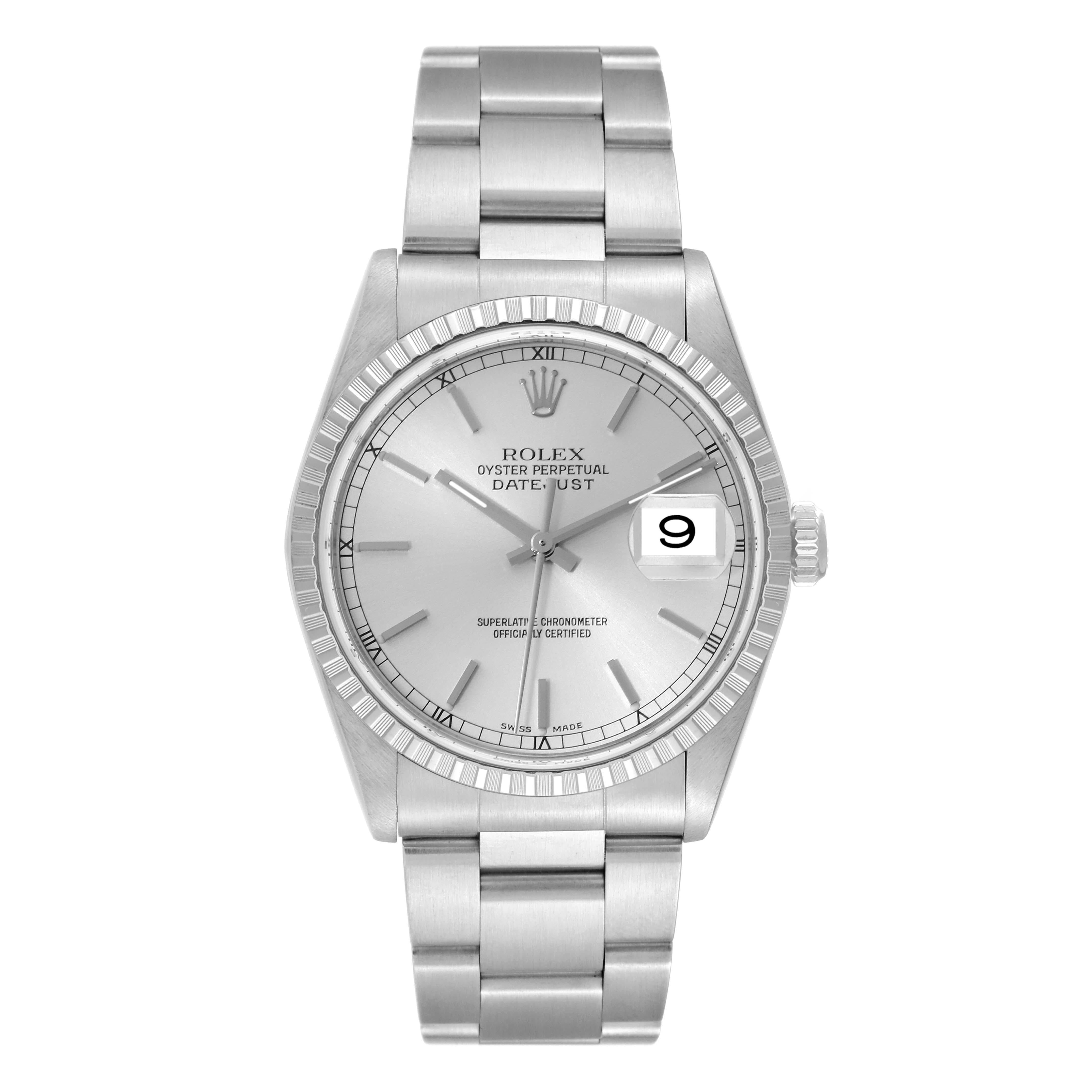Rolex Datejust Silver Dial Engine Turned Bezel Steel Mens Watch 16220 Box Papers. Officially certified chronometer automatic self-winding movement. Stainless steel oyster case 36.0 mm in diameter. Rolex logo on the crown. Stainless steel engine