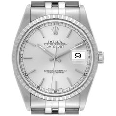 Rolex Datejust Silver Dial Engine Turned Bezel Steel Mens Watch 16220