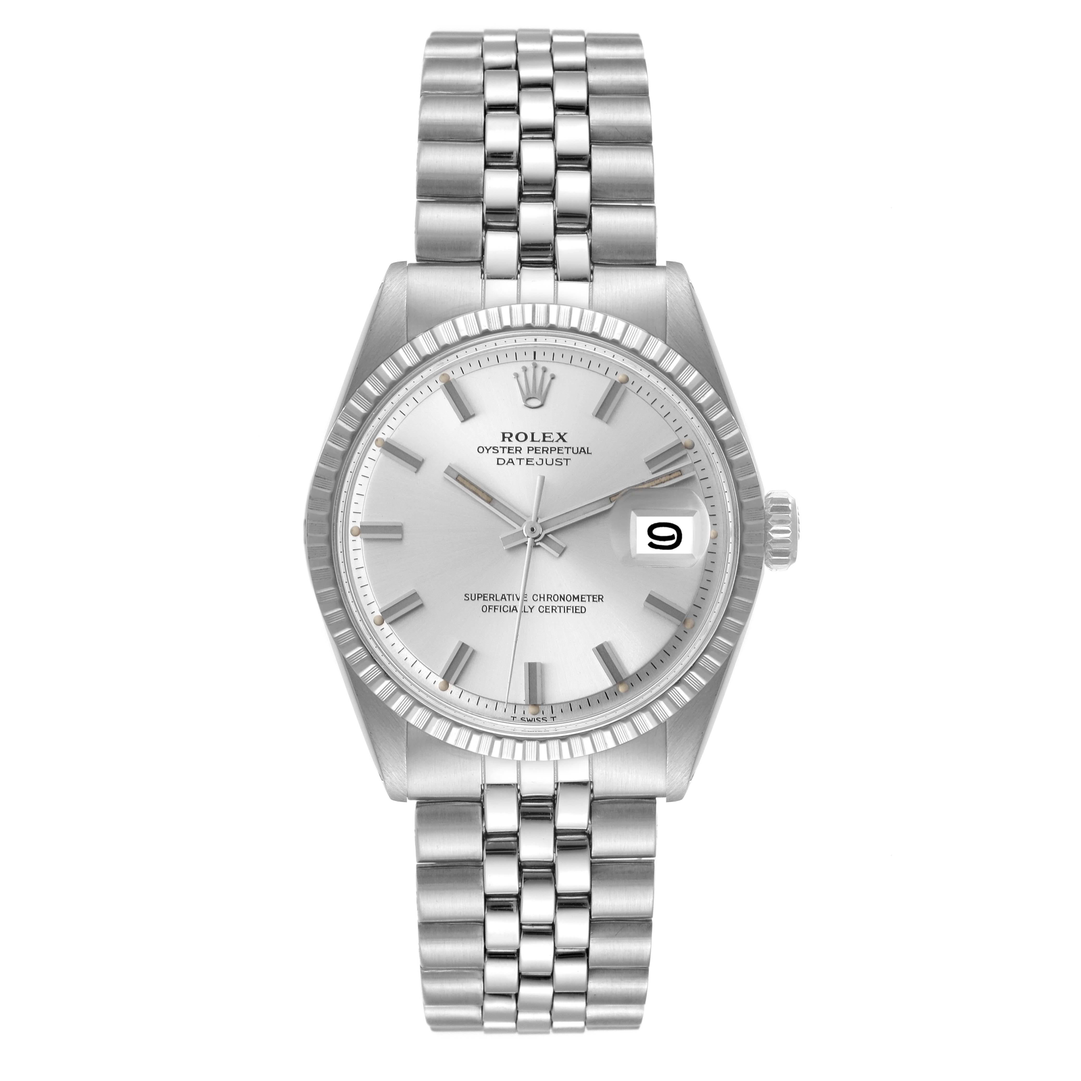 Rolex Datejust Silver Dial Engine Turned Bezel Steel Vintage Mens Watch 1603. Officially certified chronometer automatic self-winding movement. Stainless steel oyster case 36.0 mm in diameter. Rolex logo on the crown. Stainless steel engine turned
