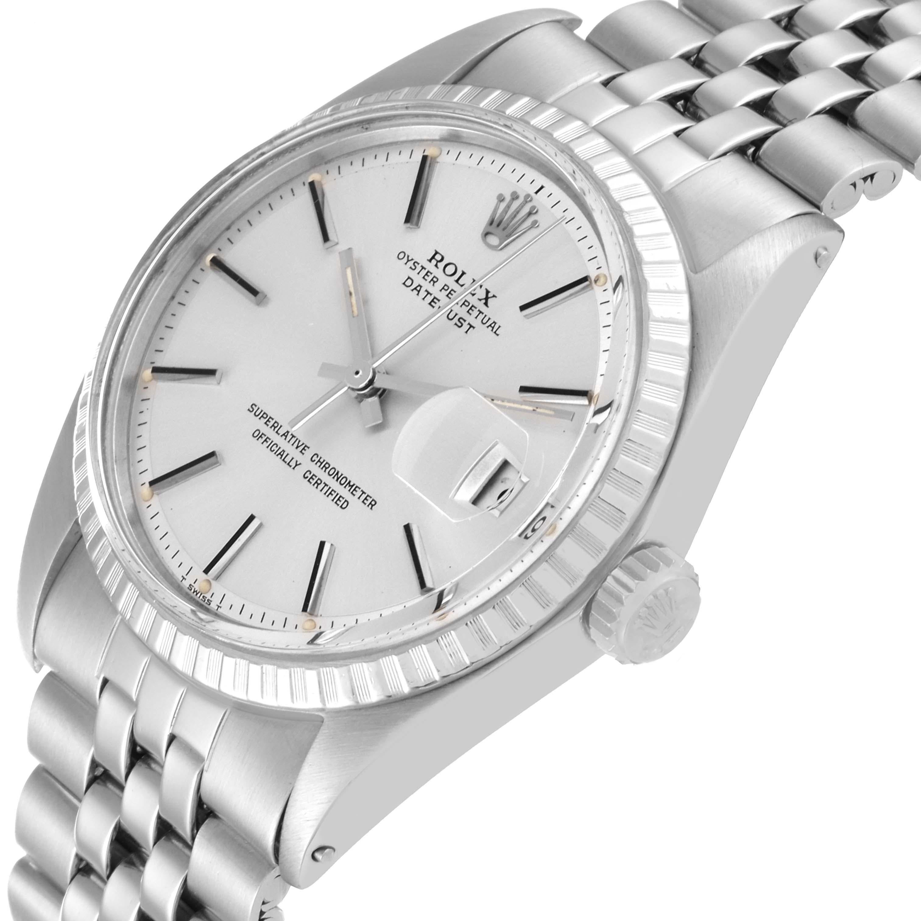 Rolex Datejust Silver Dial Engine Turned Bezel Steel Vintage Mens Watch 1603. Officially certified chronometer automatic self-winding movement. Stainless steel oyster case 36.0 mm in diameter. Rolex logo on the crown. Stainless steel engine turned