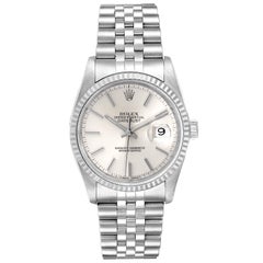 Rolex Datejust Silver Dial Fluted Bezel Steel White Gold Men's Watch 16234