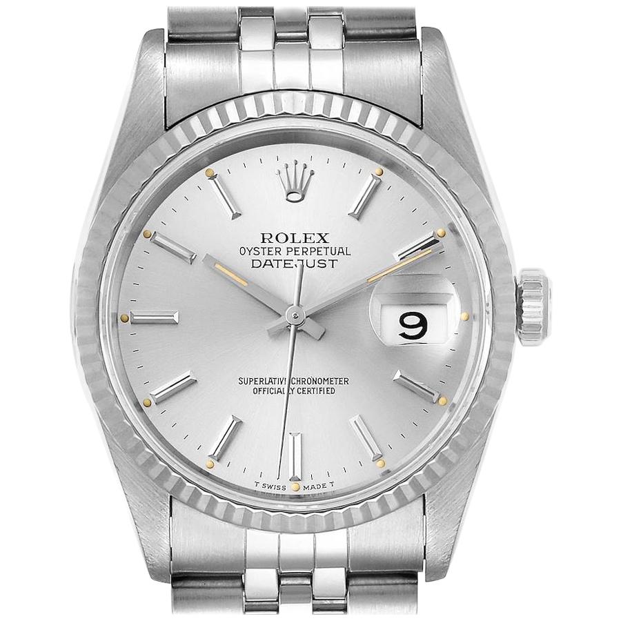 Rolex Datejust Silver Dial Fluted Bezel Steel White Gold Men's Watch 16234