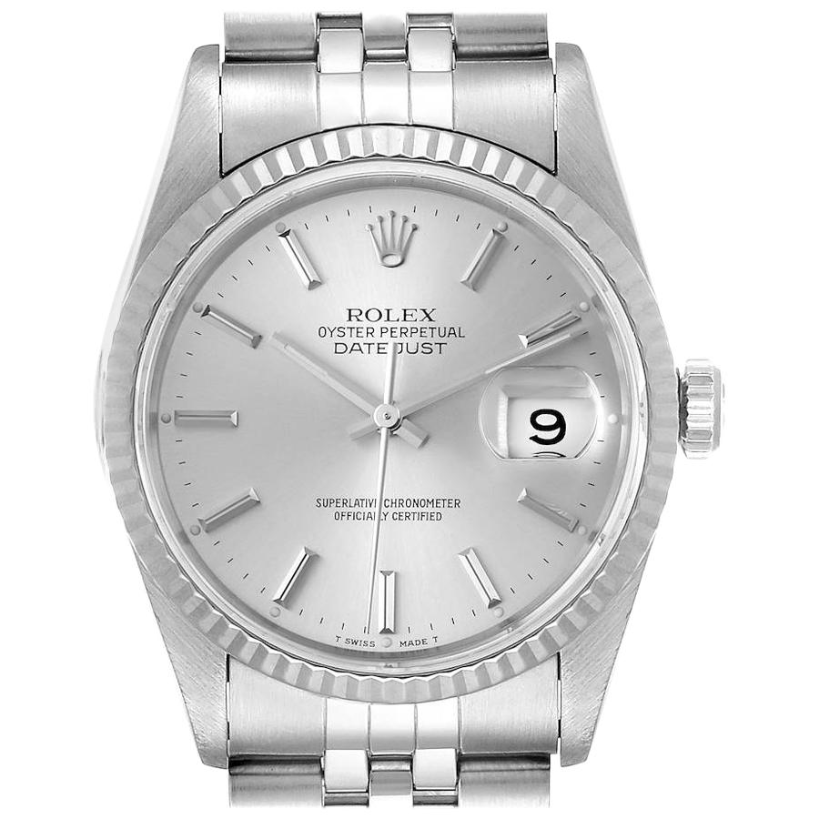 Rolex Datejust Silver Dial Fluted Bezel Steel White Gold Men's Watch 16234 For Sale