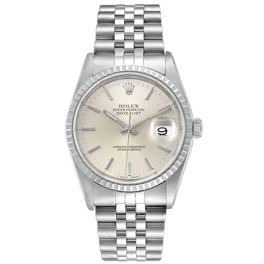 Rolex Datejust Silver Dial Jubilee Bracelet Steel Mens Watch 16220 Box. Officially certified chronometer self-winding movement. Stainless steel oyster case 36.0 mm in diameter. Rolex logo on a crown. Stainless steel engine turned bezel. Scratch