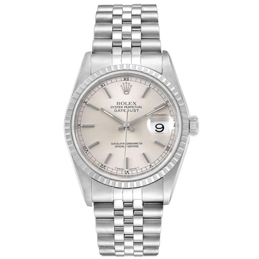 Rolex Datejust Silver Dial Jubilee Bracelet Steel Mens Watch 16220. Officially certified chronometer self-winding movement. Stainless steel oyster case 36.0 mm in diameter. Rolex logo on a crown. Stainless steel engine turned bezel. Scratch