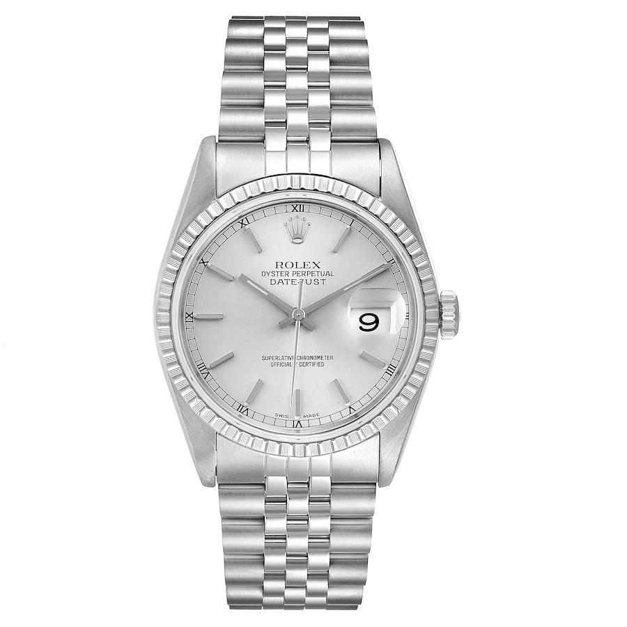 Rolex Datejust Silver Dial Jubilee Bracelet Steel Mens Watch 16220. Officially certified chronometer self-winding movement. Stainless steel oyster case 36.0 mm in diameter. Rolex logo on a crown. Stainless steel engine turned bezel. Scratch