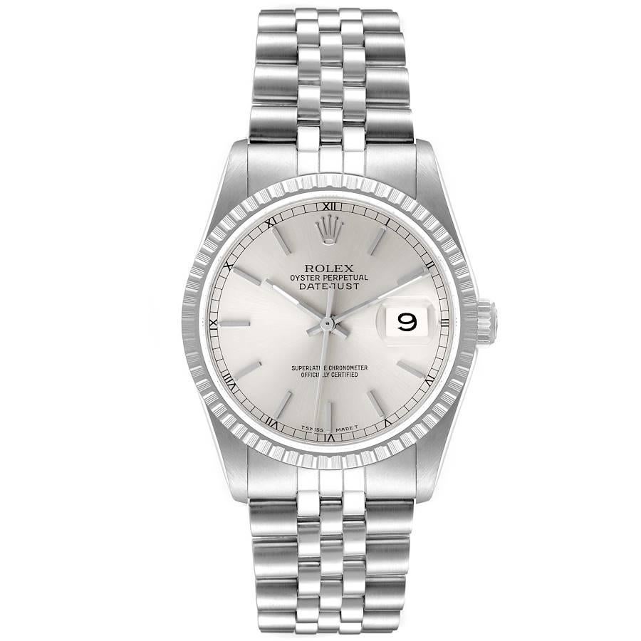 Rolex Datejust Silver Dial Jubilee Bracelet Steel Mens Watch 16220. Officially certified chronometer self-winding movement. Stainless steel oyster case 36.0 mm in diameter. Rolex logo on a crown. Stainless steel engine turned bezel. Scratch