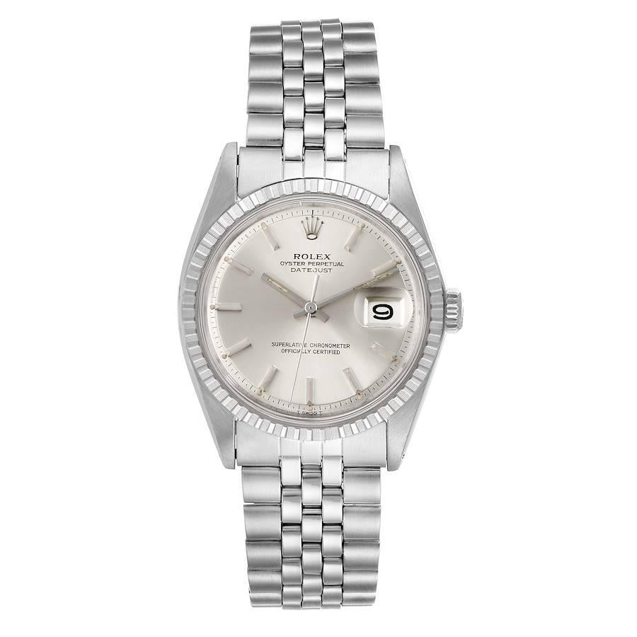Rolex Datejust Silver Dial Jubilee Bracelet Vintage Mens Watch 1603. Officially certified chronometer self-winding movement. Stainless steel oyster case 36.0 mm in diameter. Rolex logo on a crown. Stainless steel engine turned bezel. Acrylic crystal