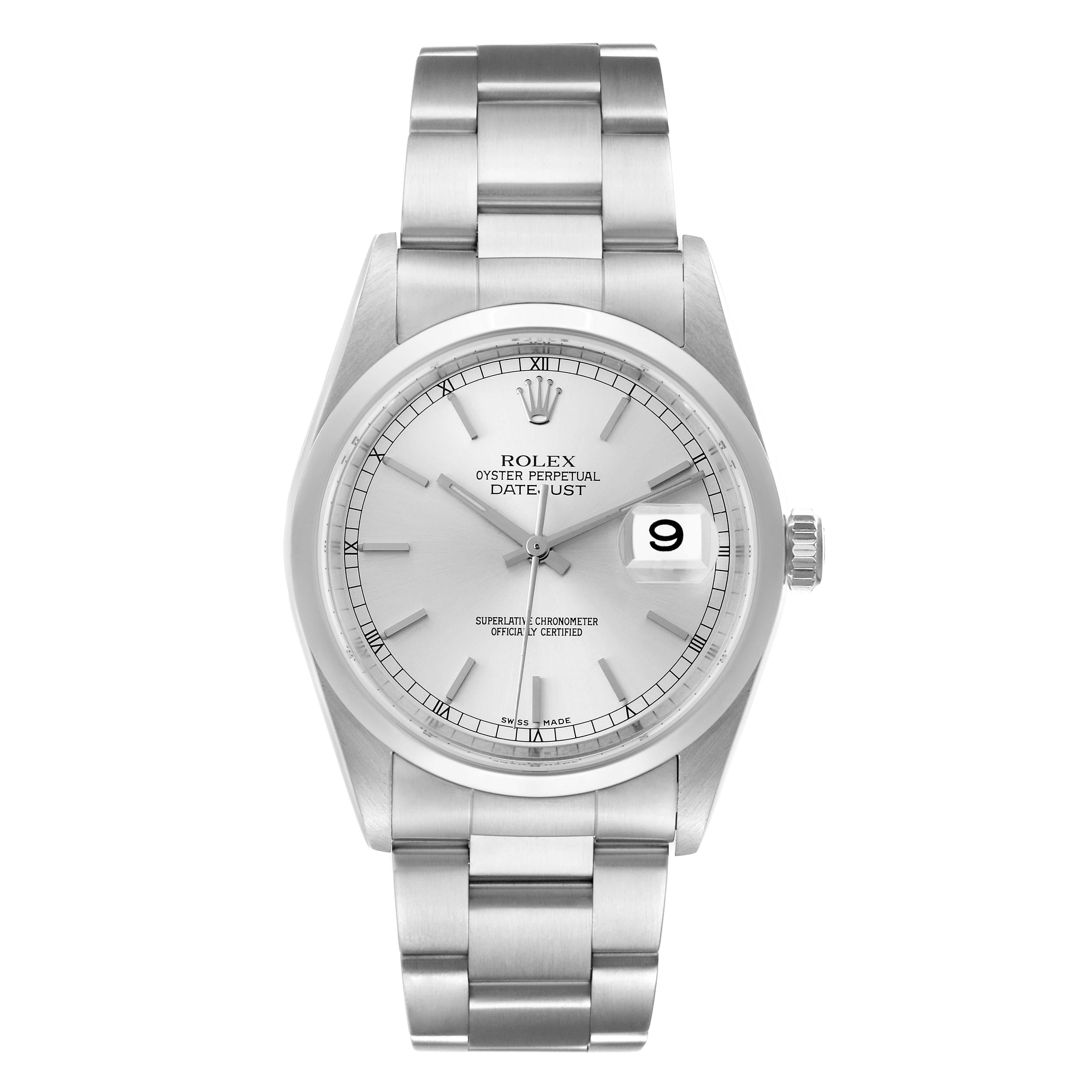 Rolex Datejust Silver Dial Smooth Bezel Steel Mens Watch 16200 Box Papers. Officially certified chronometer automatic self-winding movement with quickset date function. Stainless steel oyster case 36mm in diameter. Rolex logo on the crown. Stainless