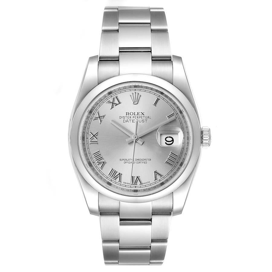 Rolex Datejust Silver Dial Stainless Steel Mens Watch 116200 Box Papers. Officially certified chronometer self-winding movement. Stainless steel case 36.0 mm in diameter. Rolex logo on a crown. Stainless steel smooth domed bezel. Scratch resistant