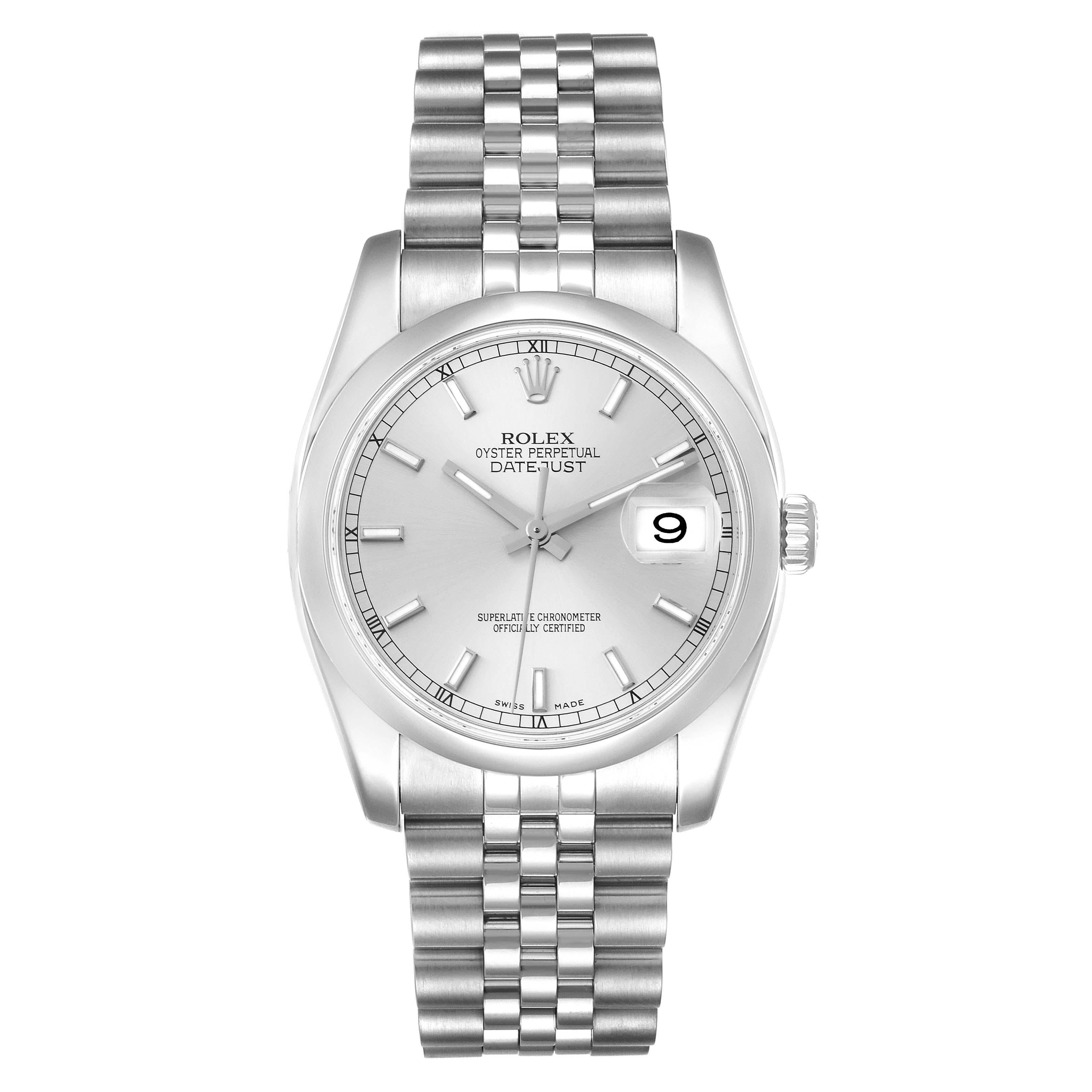 Rolex Datejust Silver Dial Steel Mens Watch 116200 Box Card. Officially certified chronometer automatic self-winding movement. Stainless steel case 36.0 mm in diameter. Rolex logo on a crown. Stainless steel smooth domed bezel. Scratch resistant