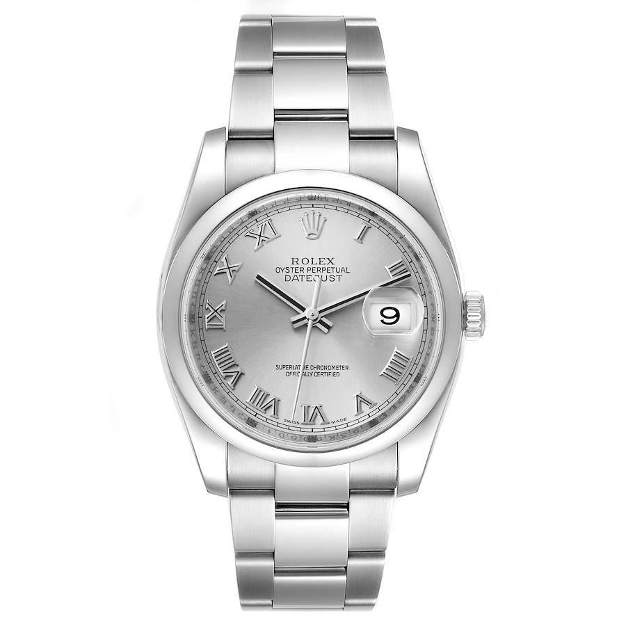 Rolex Datejust Silver Dial Steel Mens Watch 116200 Box Papers. Officially certified chronometer self-winding movement. Stainless steel case 36.0 mm in diameter. Rolex logo on a crown. Stainless steel smooth domed bezel. Scratch resistant sapphire