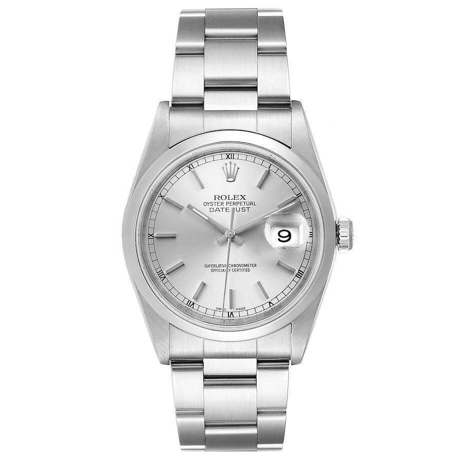 Rolex Datejust Silver Dial Steel Mens Watch 16200 Box Papers. Officially certified chronometer automatic self-winding movement. Stainless steel oyster case 36 mm in diameter. Rolex logo on a crown. Stainless steel smooth bezel. Scratch resistant