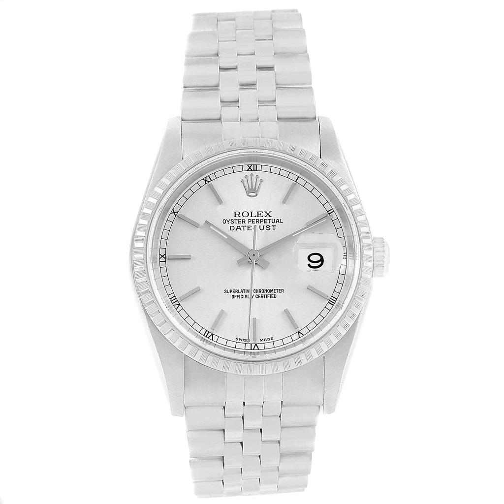 Rolex DateJust Silver Dial Steel Mens Watch 16220 Box Papers. Officially certified chronometer automatic self-winding movement. Stainless steel oyster case 34.0 mm in diameter. Rolex logo on a crown. Stainless steel engine turned bezel. Scratch