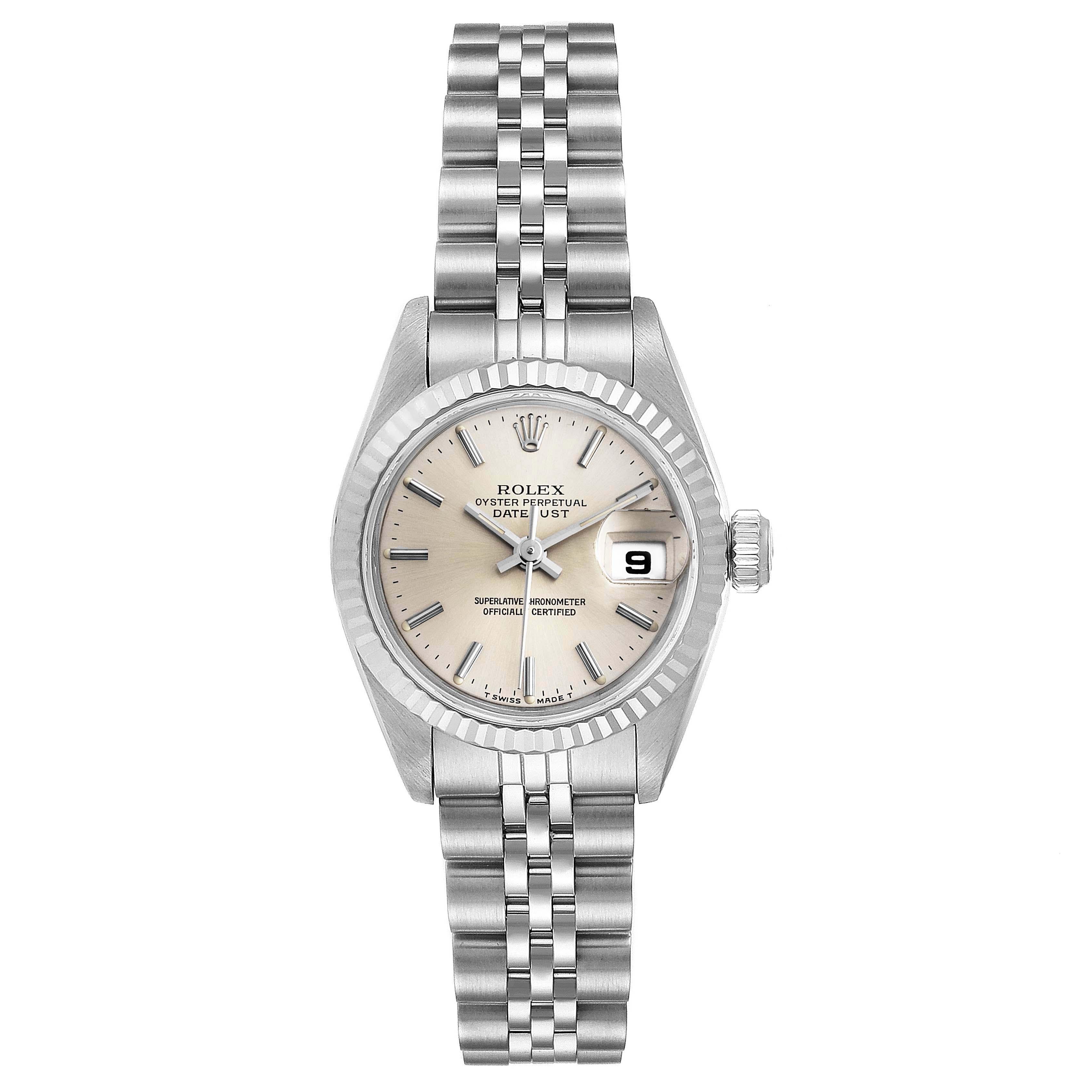 Rolex Datejust Silver Dial Steel White Gold Ladies Watch 69174 Box Papers. Officially certified chronometer self-winding movement. Stainless steel oyster case 26 mm in diameter. Rolex logo on a crown. 18k white gold fluted bezel. Scratch resistant