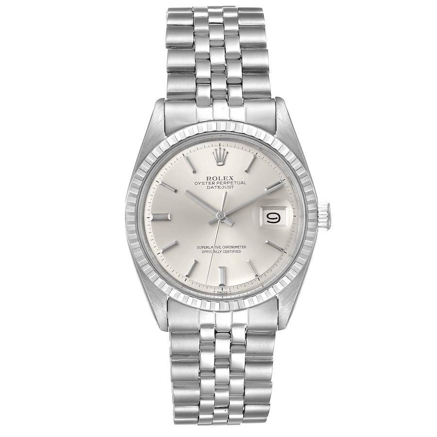 Rolex Datejust Silver Dial Vintage Steel Mens Watch 1603. Officially certified chronometer self-winding movement. Stainless steel oyster case 36 mm in diameter. Rolex logo on a crown. Stainless steel engine turned bezel. Acrylic crystal with cyclops
