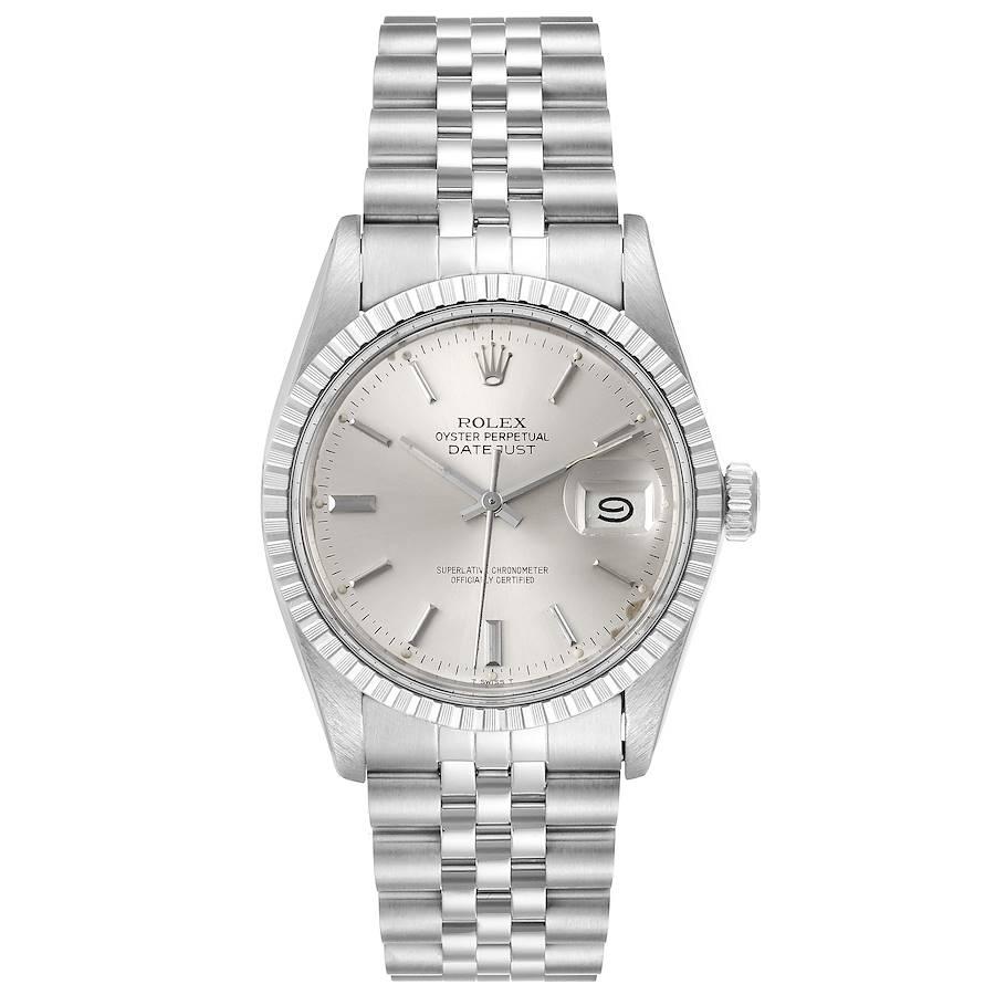 Rolex Datejust Silver Dial Vintage Steel Mens Watch 16030. Officially certified chronometer self-winding movement. Stainless steel oyster case 36 mm in diameter. Rolex logo on a crown. Stainless steel engine turned bezel. Acrylic crystal with