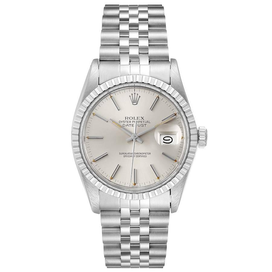 Rolex Datejust Silver Dial Vintage Steel Mens Watch 16030. Officially certified chronometer self-winding movement. Stainless steel oyster case 36 mm in diameter. Rolex logo on a crown. Stainless steel engine turned bezel. Acrylic crystal with