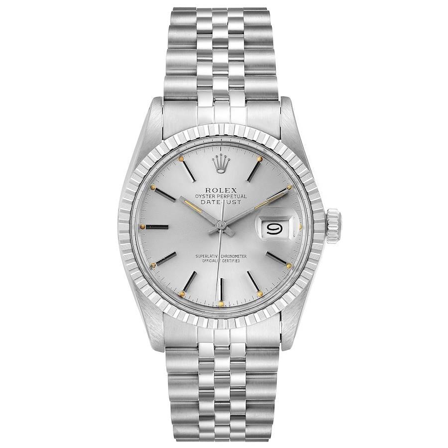 Rolex Datejust Silver Dial Vintage Steel Mens Watch 16030. Officially certified chronometer self-winding movement. Stainless steel oyster case 36 mm in diameter. Rolex logo on a crown. Stainless steel engine turned bezel. Acrylic crystal with