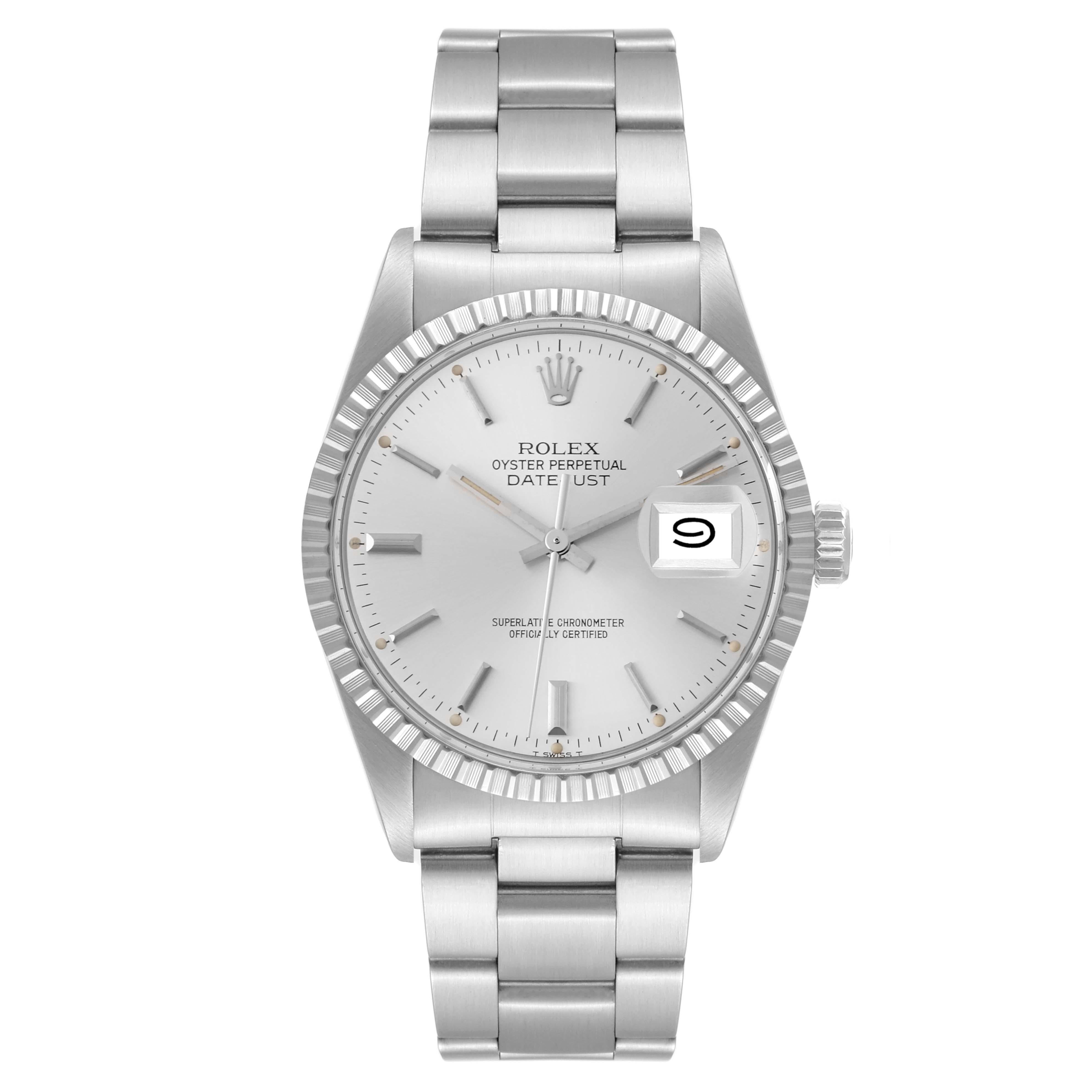 Rolex Datejust Silver Dial Vintage Steel Mens Watch 16030. Officially certified chronometer automatic self-winding movement. Stainless steel oyster case 36 mm in diameter. Rolex logo on a crown. Stainless steel engine turned bezel. Acrylic crystal