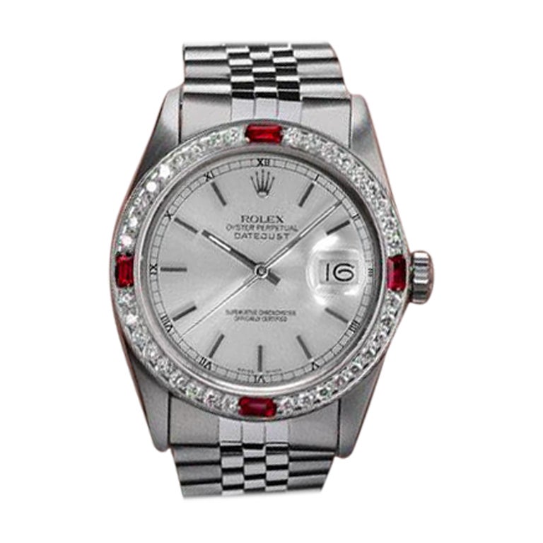 Rolex Datejust Quadrante argento con lunetta in rubino e diamanti Orologio in acciaio